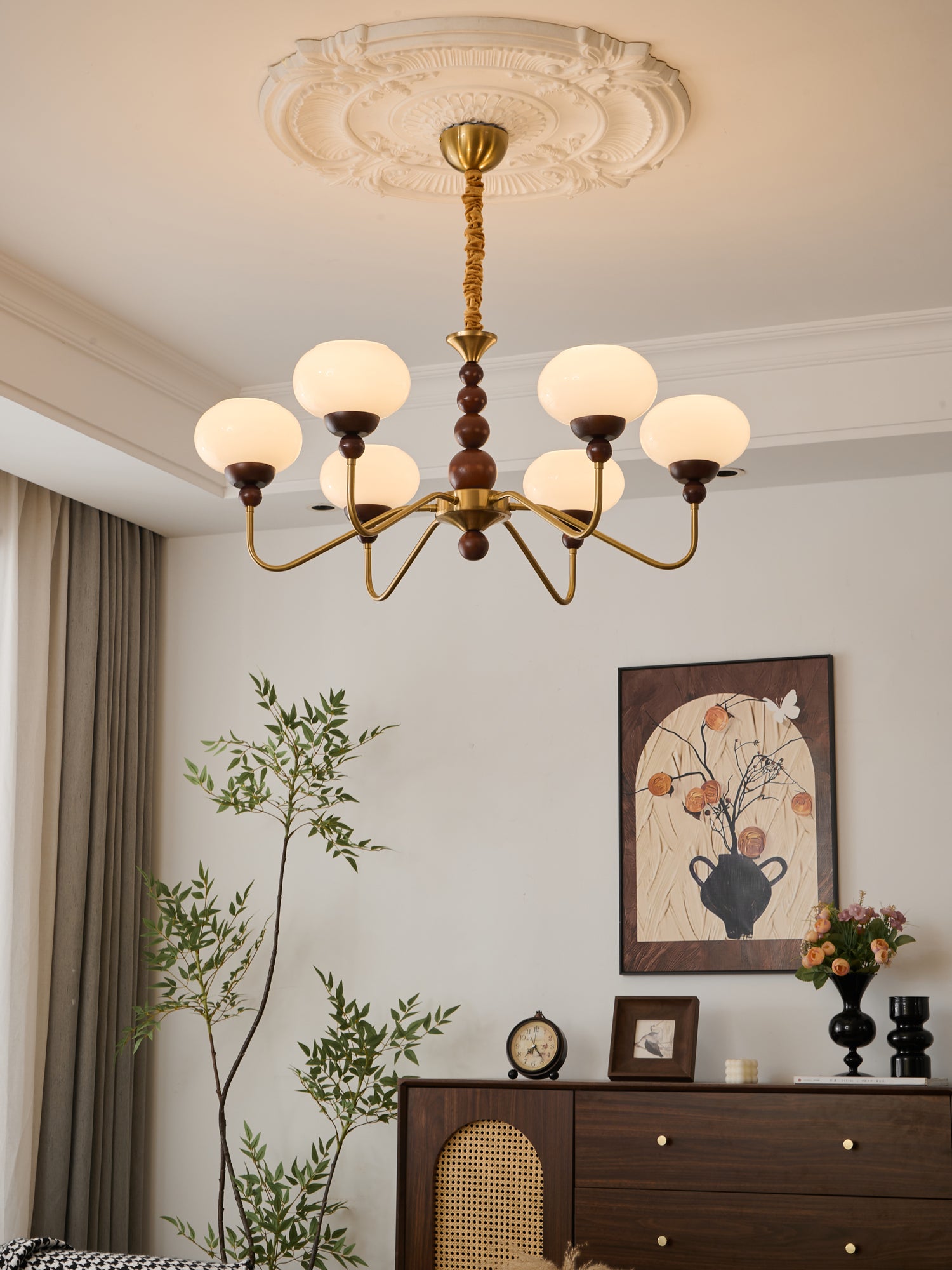 Lustra Lustre Verre Bois Laiton Moderne 6-Lumières