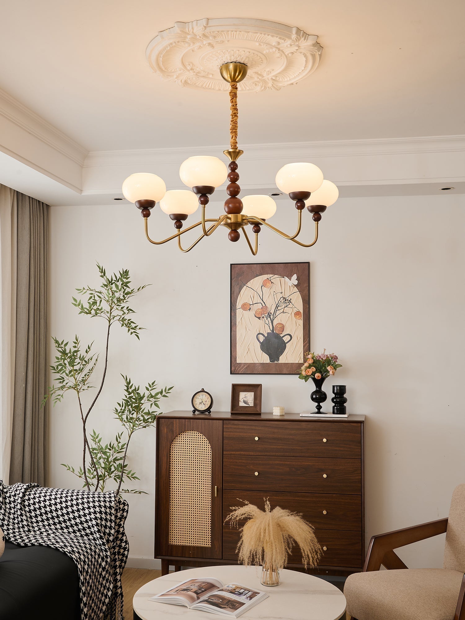 Lustra Lustre Verre Bois Laiton Moderne 6-Lumières
