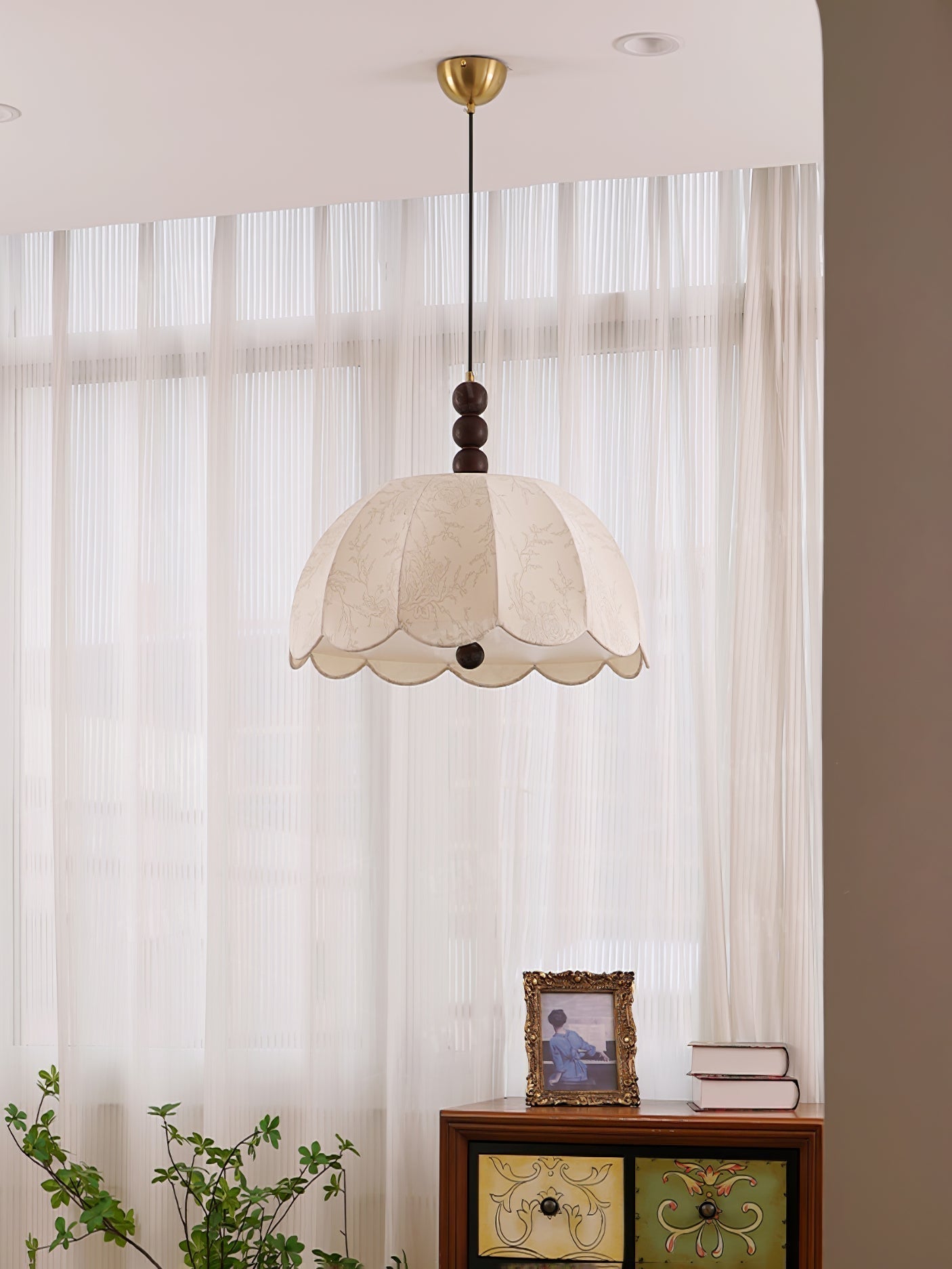 Syphaen Traditionnel Floraison Tissu Bois Pendentif Lumière