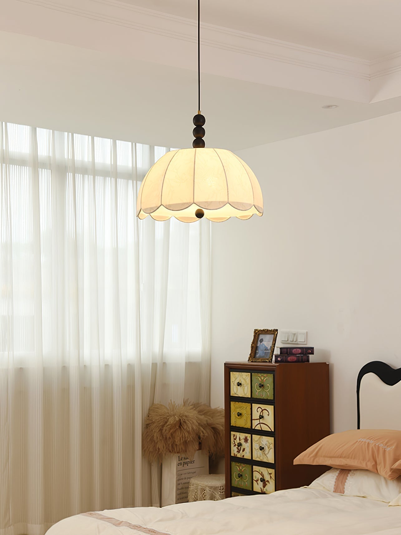 Syphaen Traditionnel Floraison Tissu Bois Pendentif Lumière