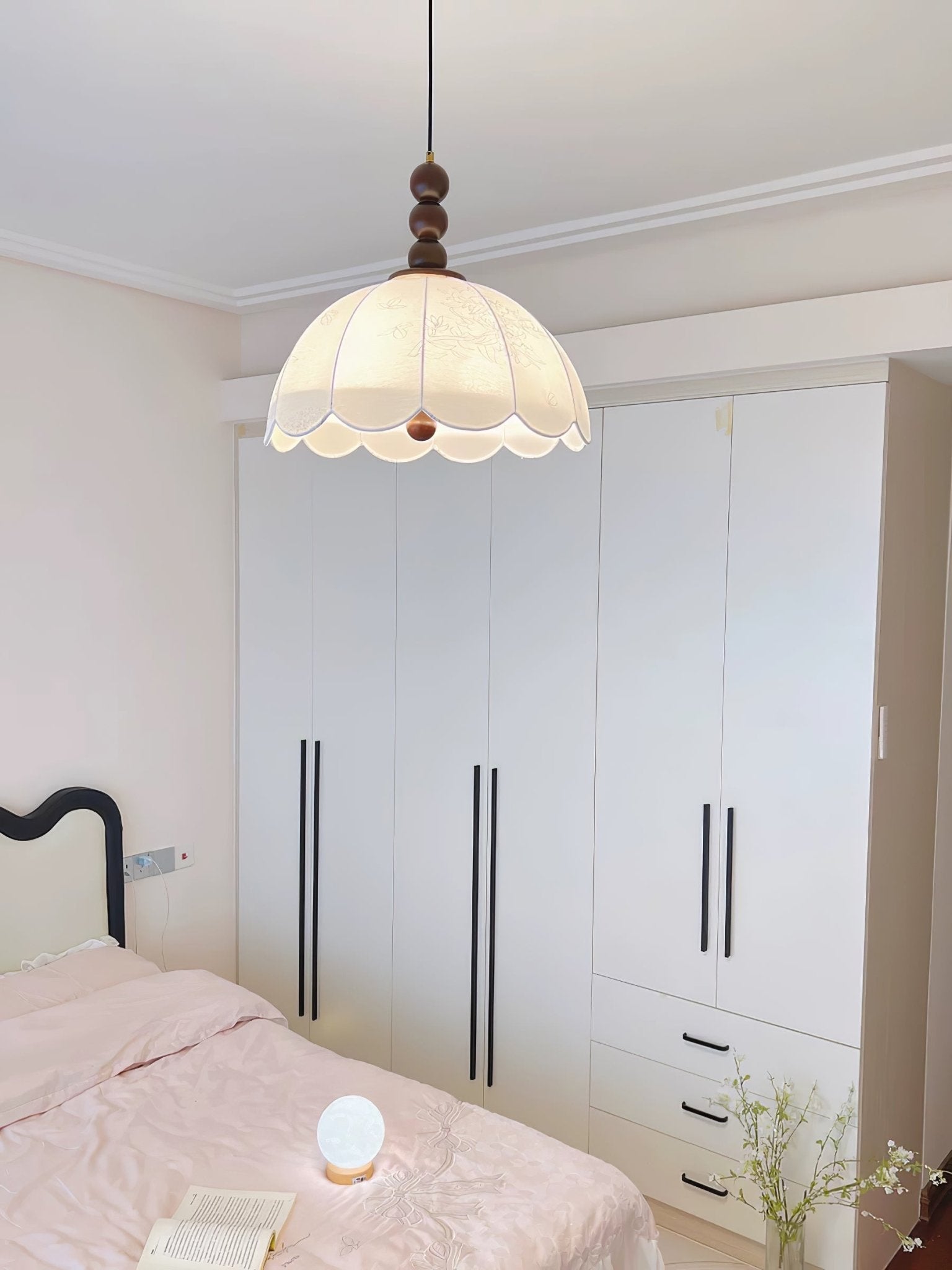 Syphaen Traditionnel Floraison Tissu Bois Pendentif Lumière