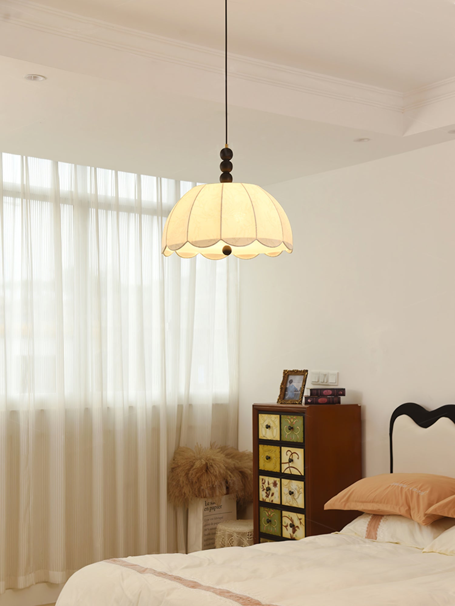 Syphaen Traditionnel Floraison Tissu Bois Pendentif Lumière