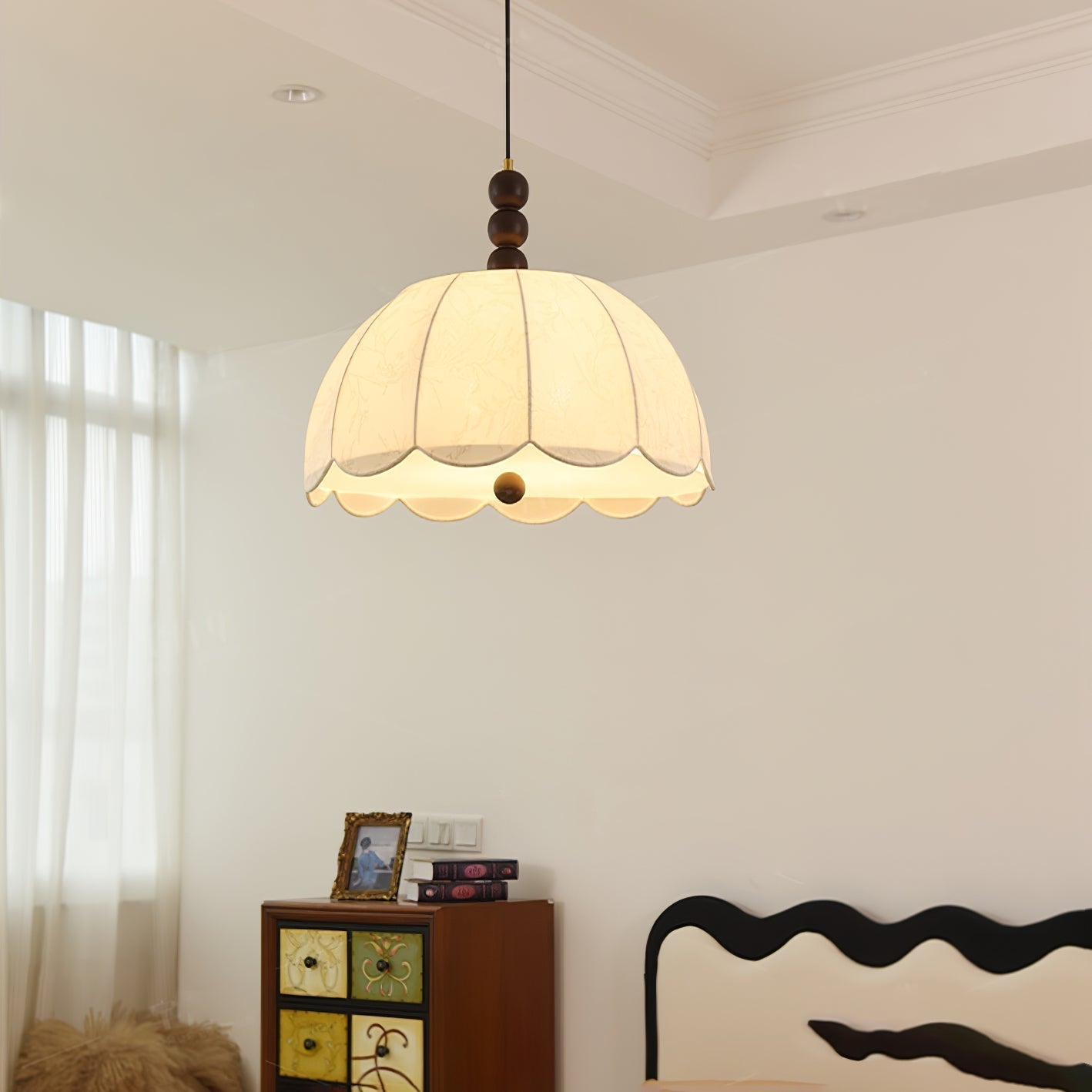Syphaen Traditionnel Floraison Tissu Bois Pendentif Lumière