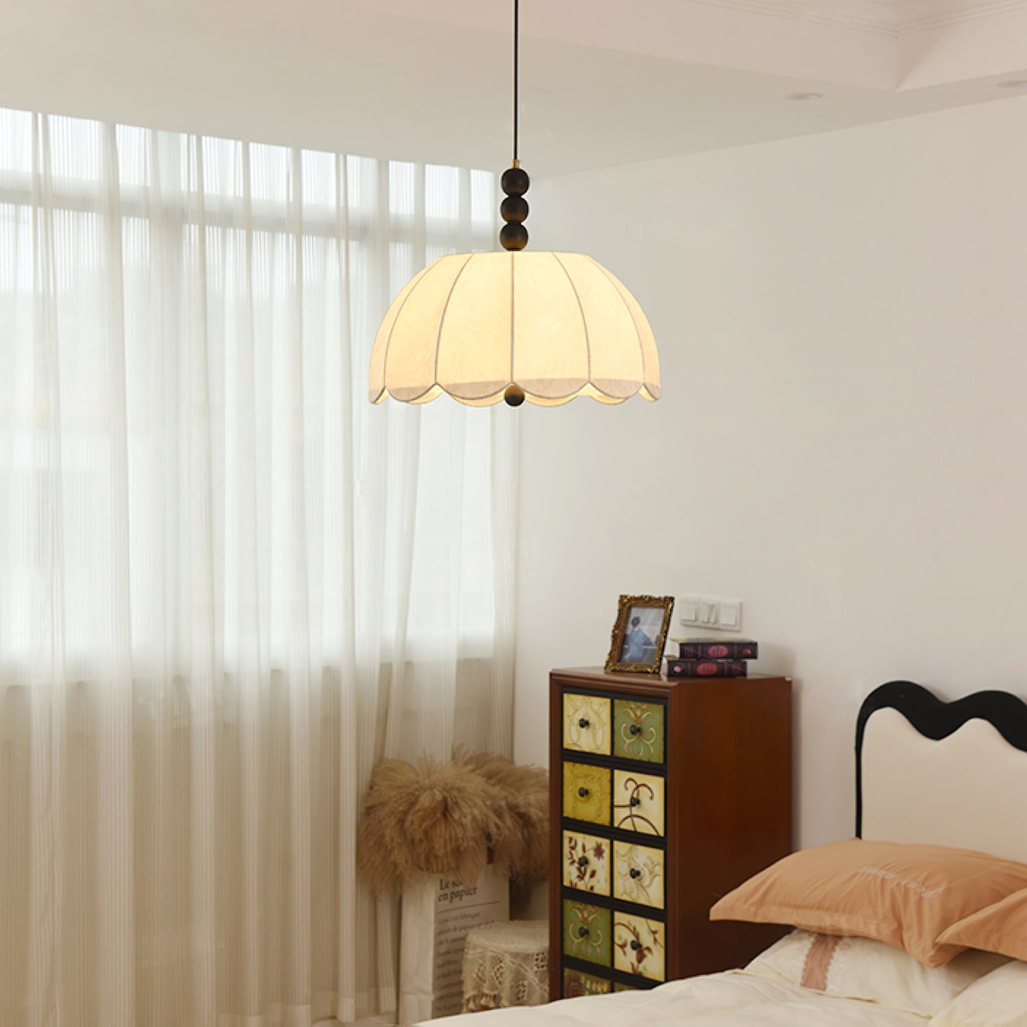 Syphaen Traditionnel Floraison Tissu Bois Pendentif Lumière