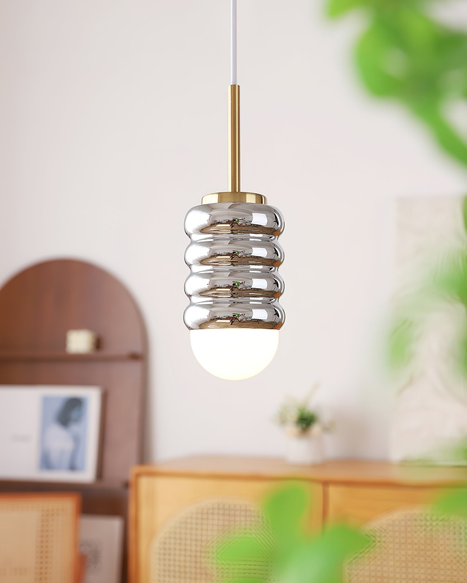 Virelli Suspension Abat-jour Céramique Striée Laiton Chaleureux Midcentury