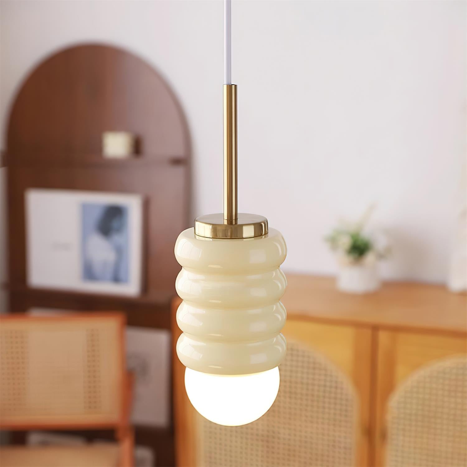 Virelli Suspension Abat-jour Céramique Striée Laiton Chaleureux Midcentury