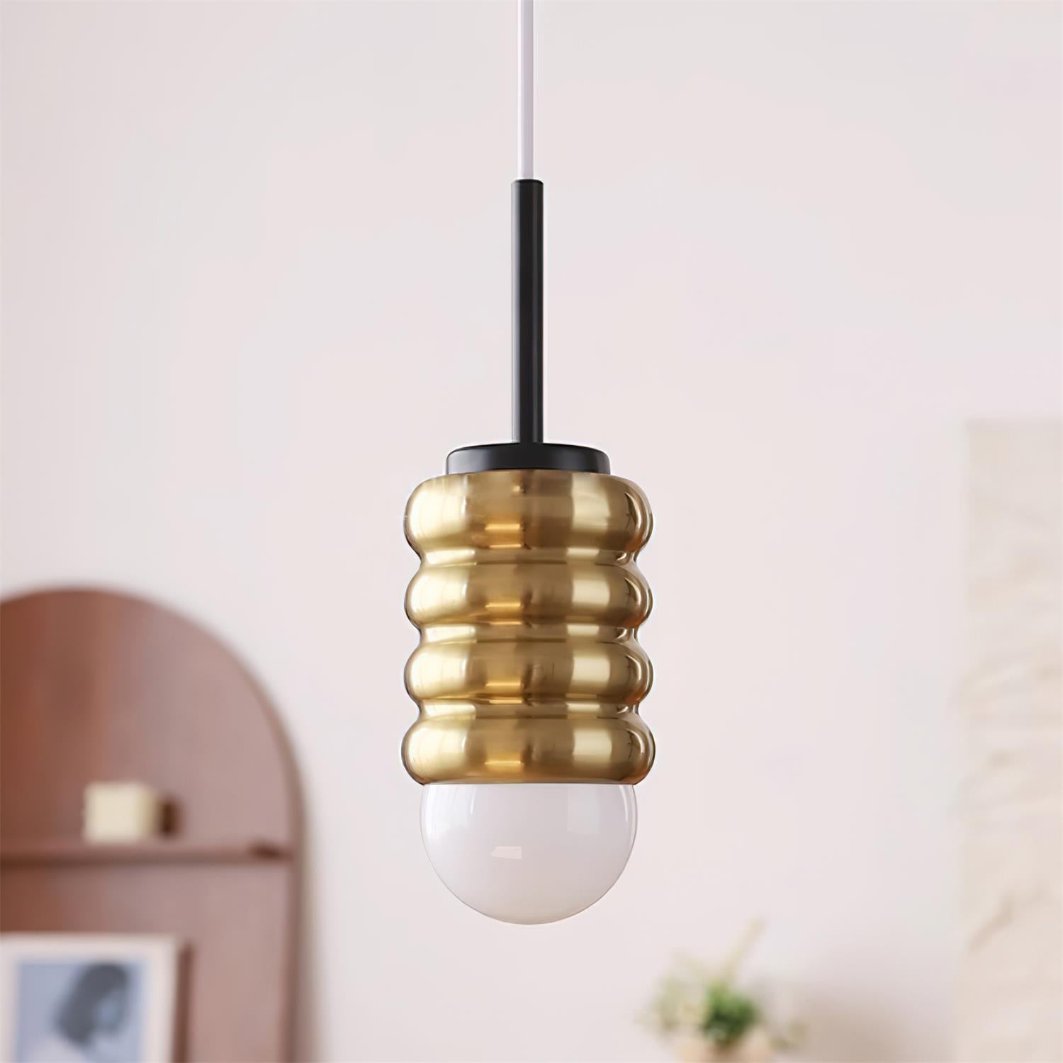 Virelli Suspension Abat-jour Céramique Striée Laiton Chaleureux Midcentury