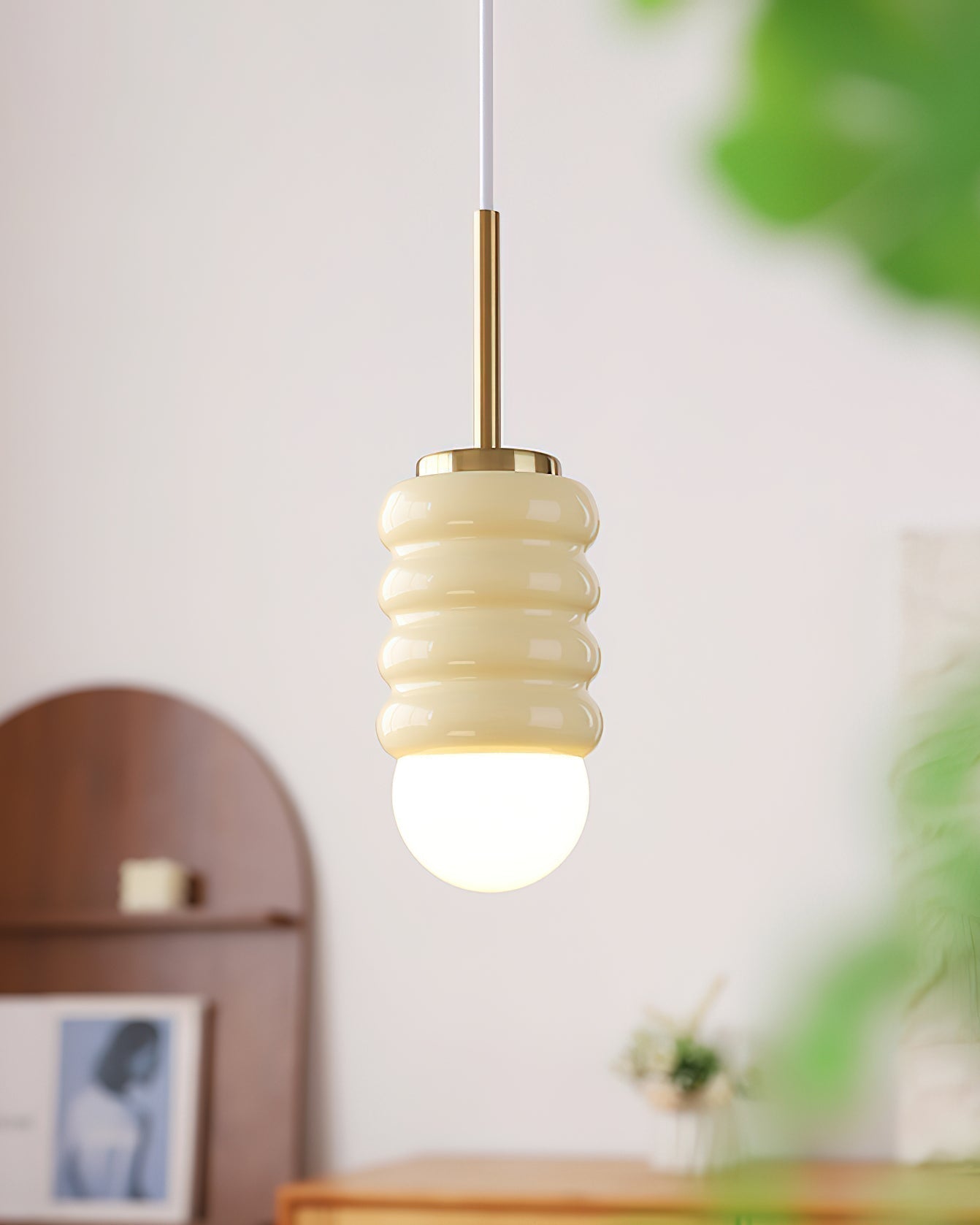 Virelli Suspension Abat-jour Céramique Striée Laiton Chaleureux Midcentury