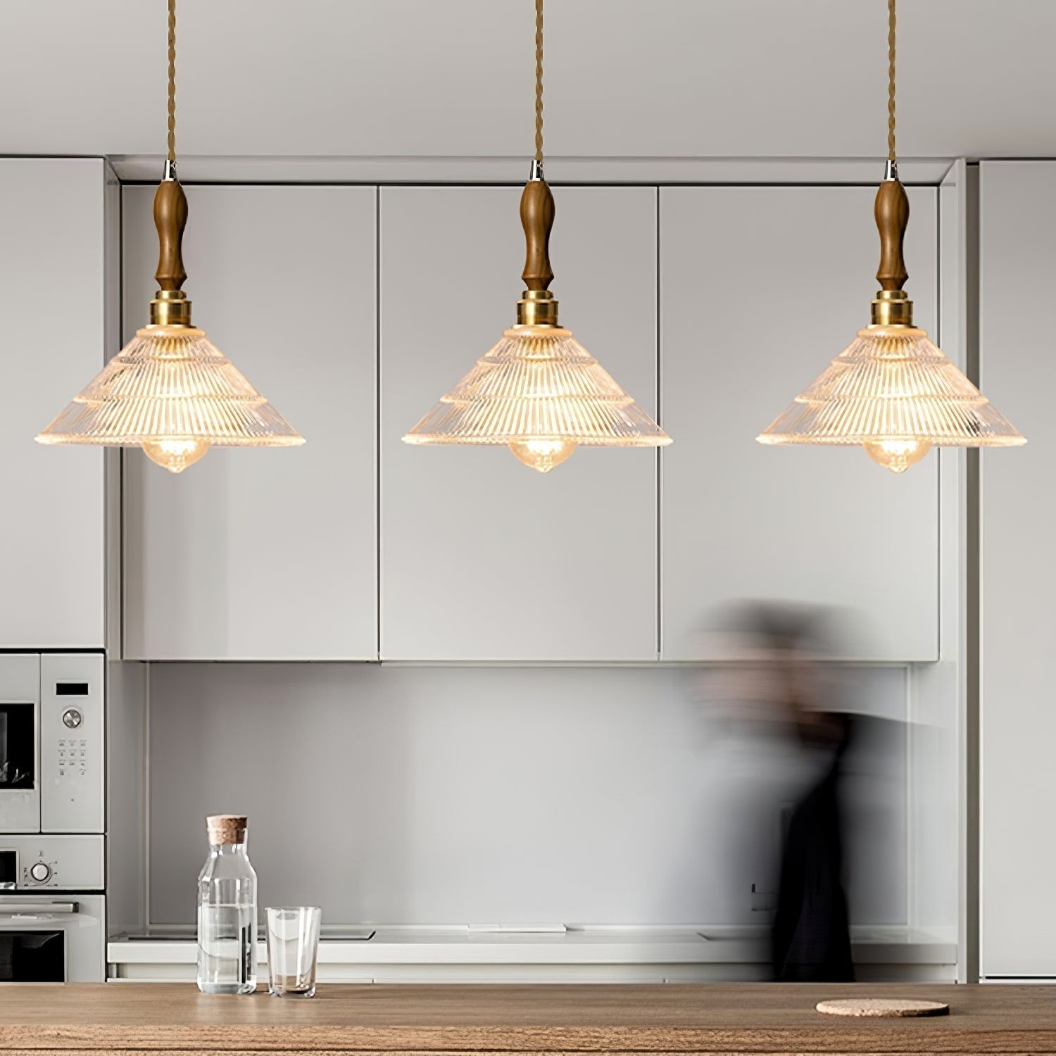 Arcara Suspension en Bois et Verre Ondulé Vintage