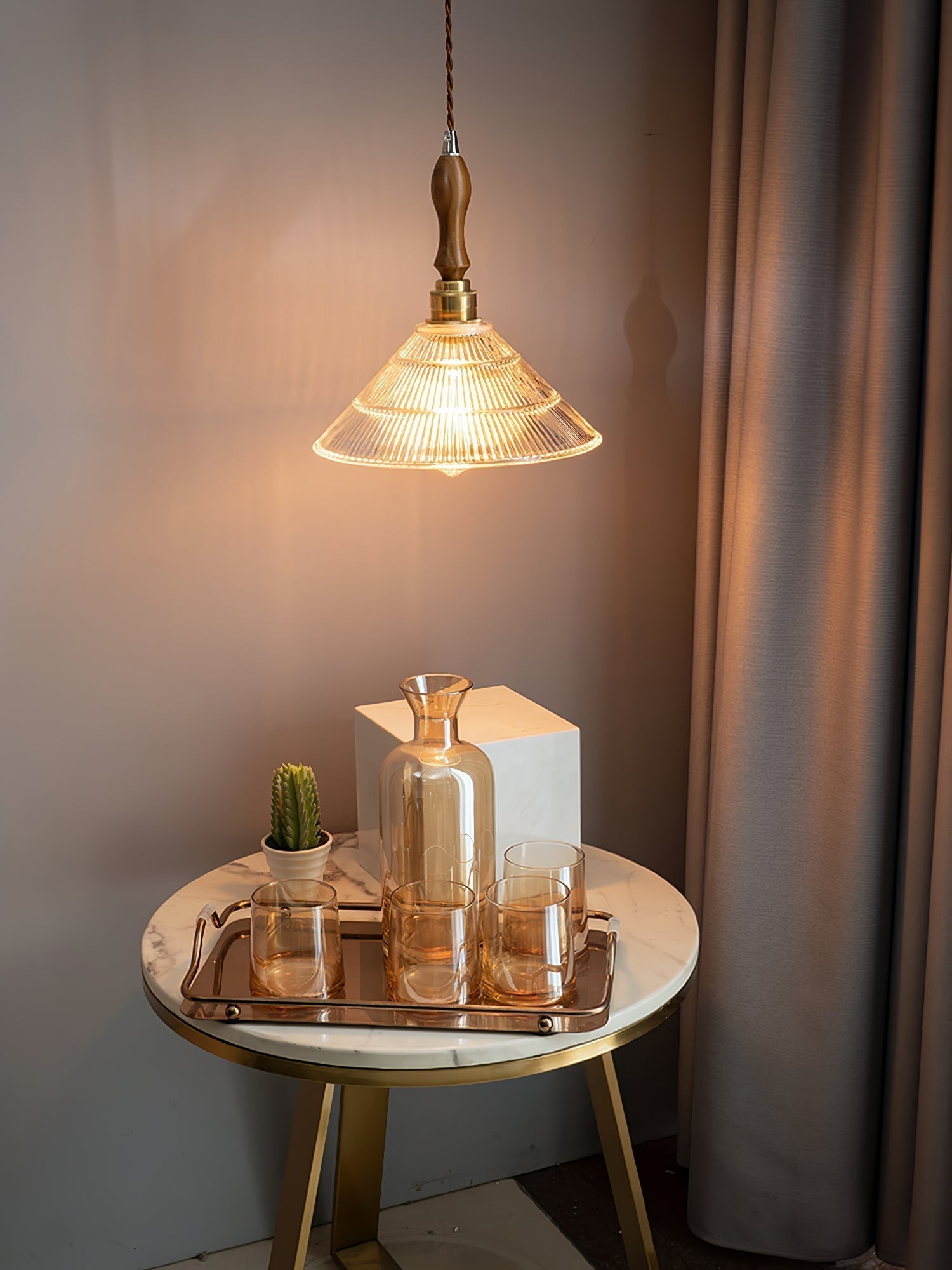Arcara Suspension en Bois et Verre Ondulé Vintage
