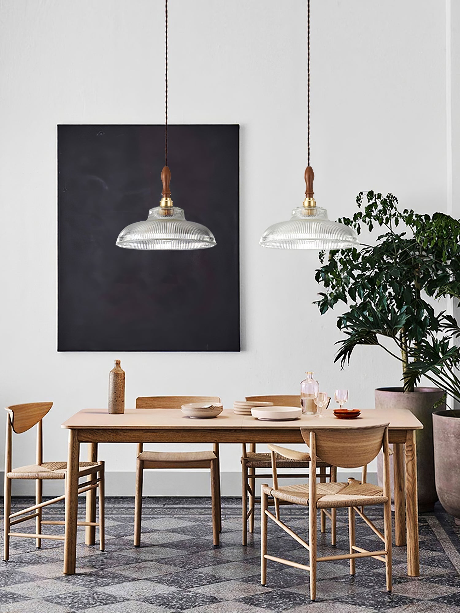 Arcara Suspension en Bois et Verre Ondulé Vintage