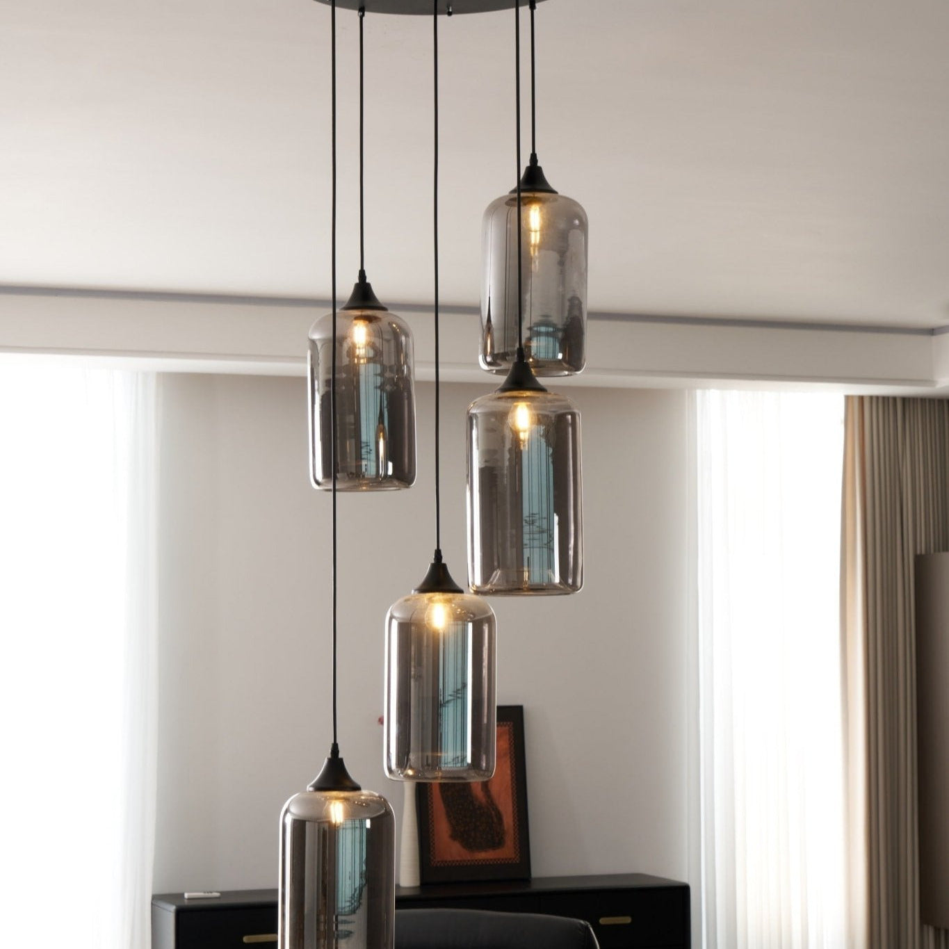 June Suspension Luminaire Industriel Verre Gris Fumé