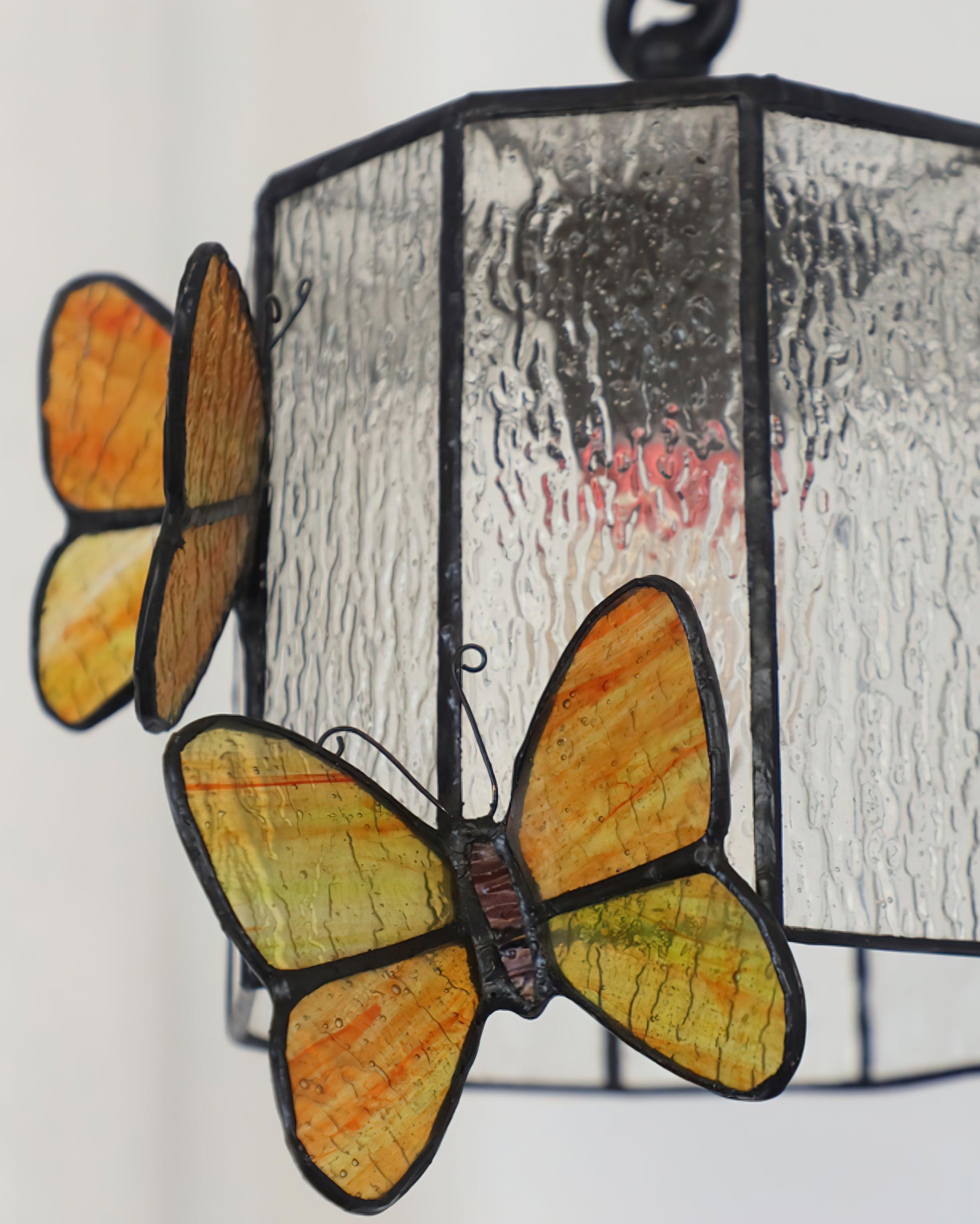 Tiffany Applique Murale Abat-jour en Verre Papillon Rose Jaune Art