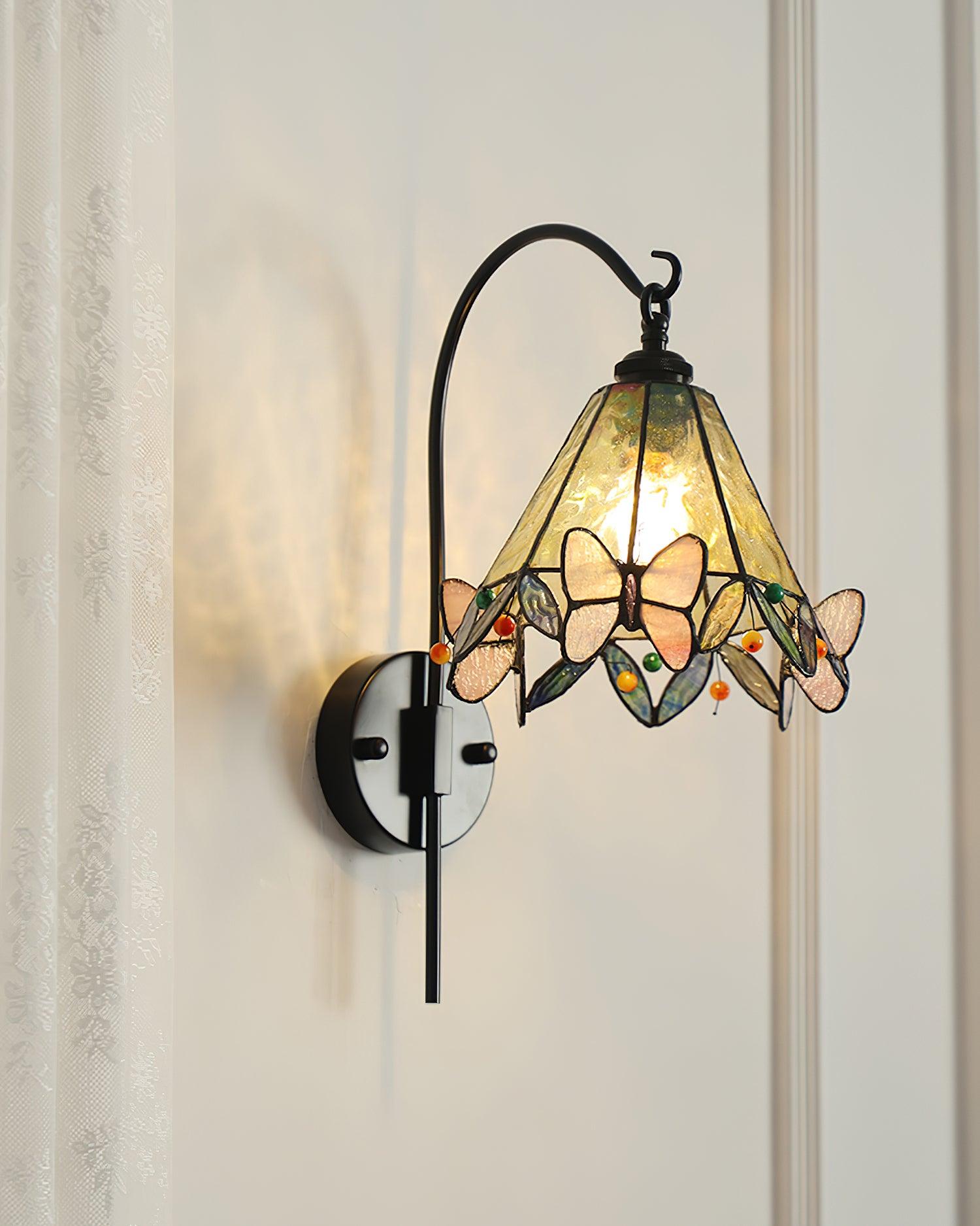 Tiffany Applique Murale Abat-jour en Verre Papillon Rose Jaune Art