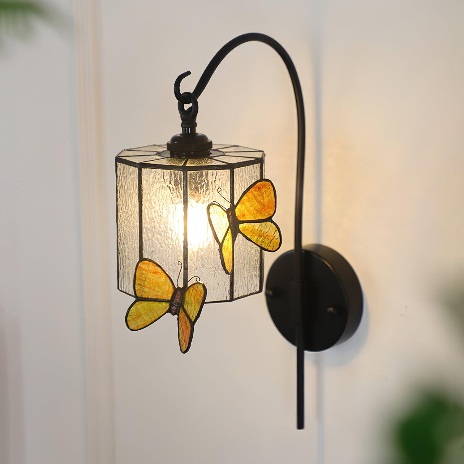 Tiffany Applique Murale Abat-jour en Verre Papillon Rose Jaune Art