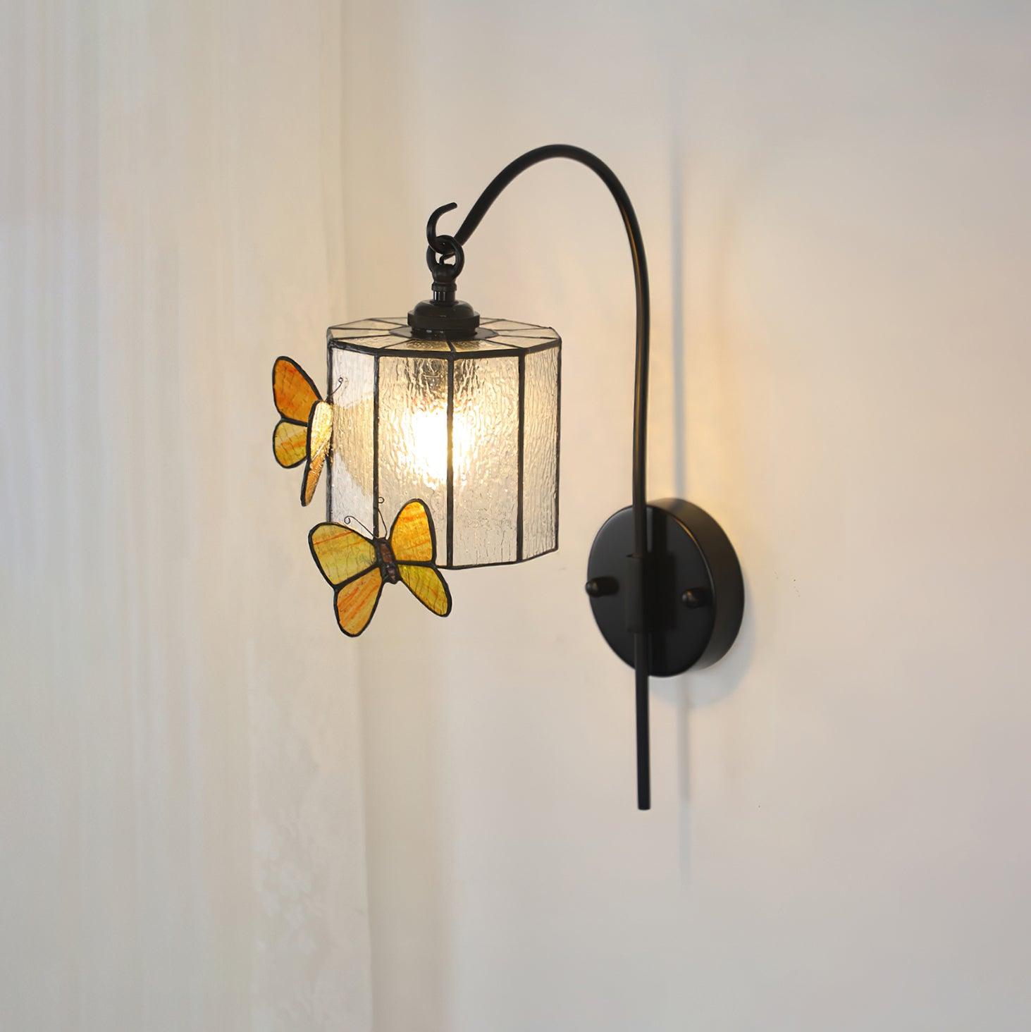 Tiffany Applique Murale Abat-jour en Verre Papillon Rose Jaune Art