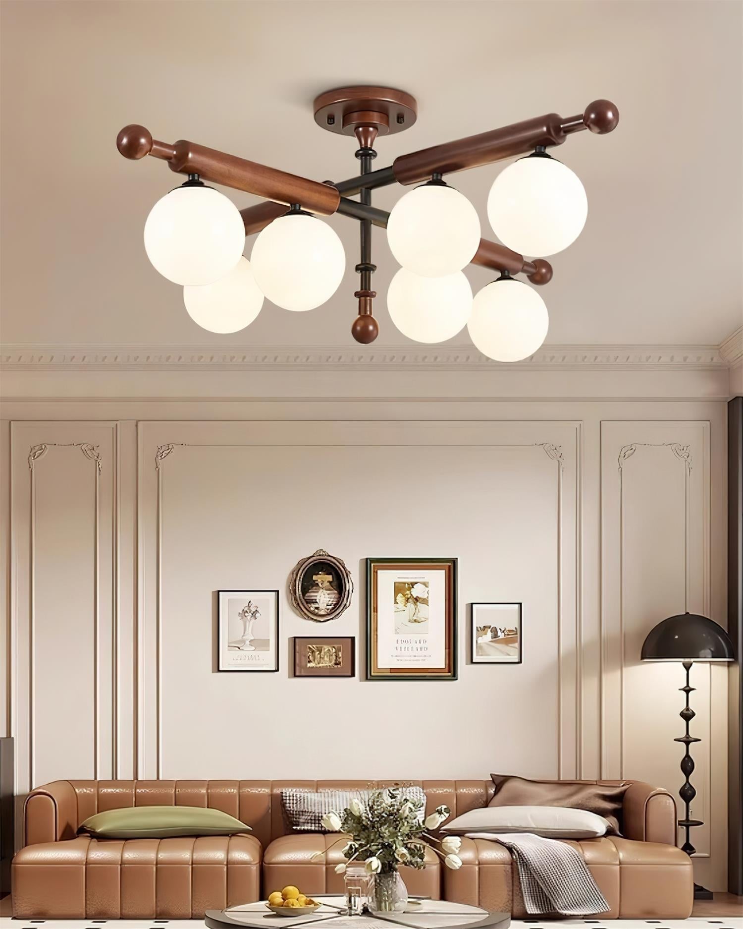 Briette Lustre Plafonnier Bras en Bois Globe Sculptural