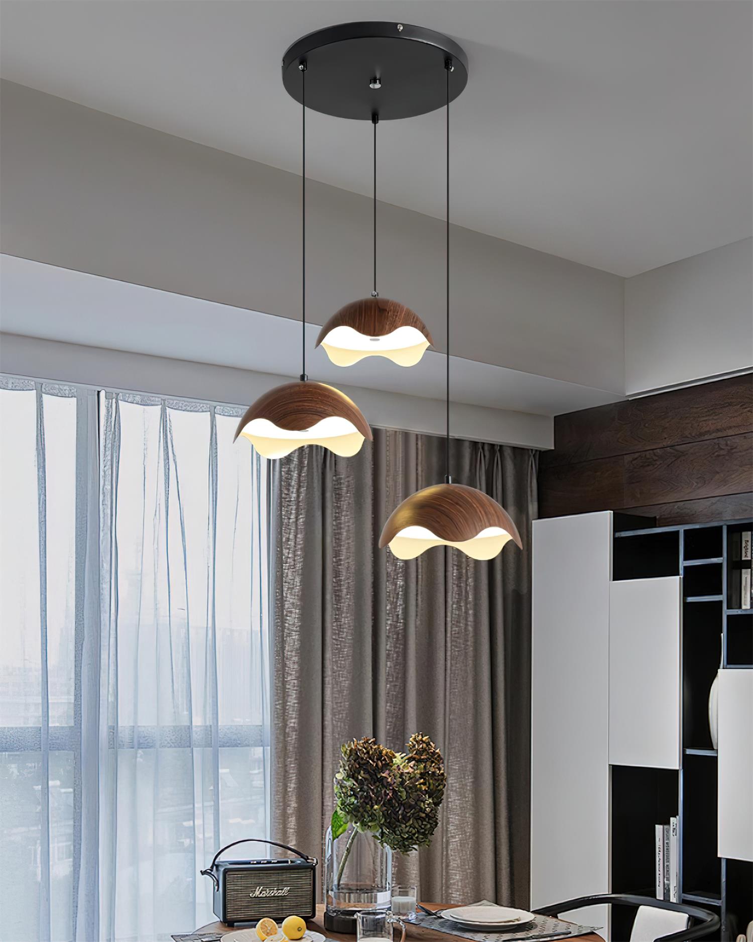 Suspension Abat-jour en Grain de Bois Vague Ambiance Minimaliste
