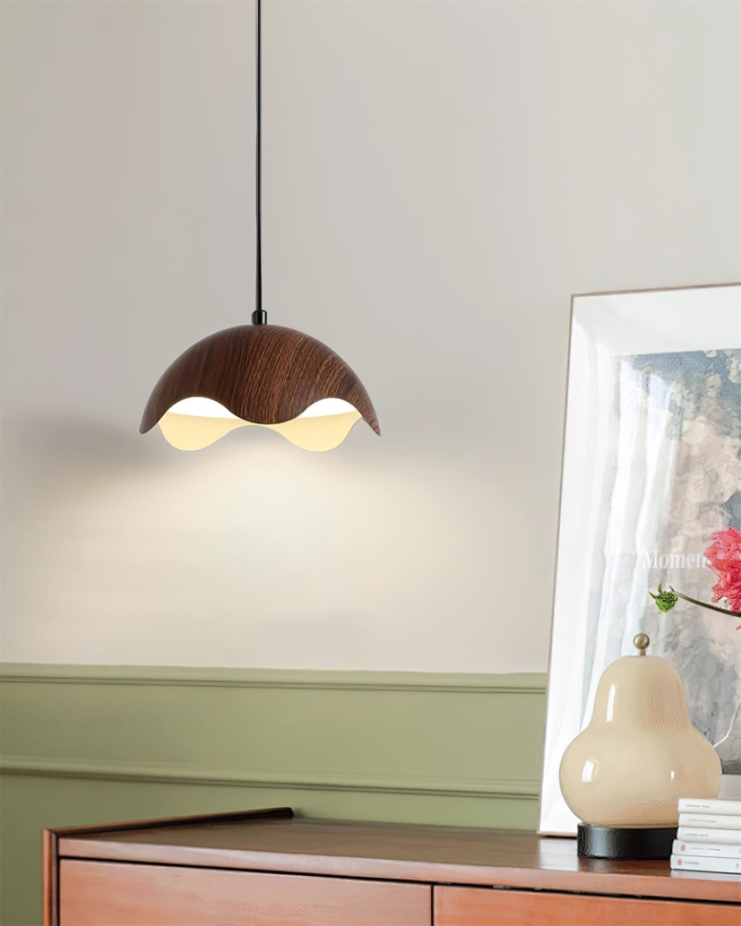Suspension Abat-jour en Grain de Bois Vague Ambiance Minimaliste