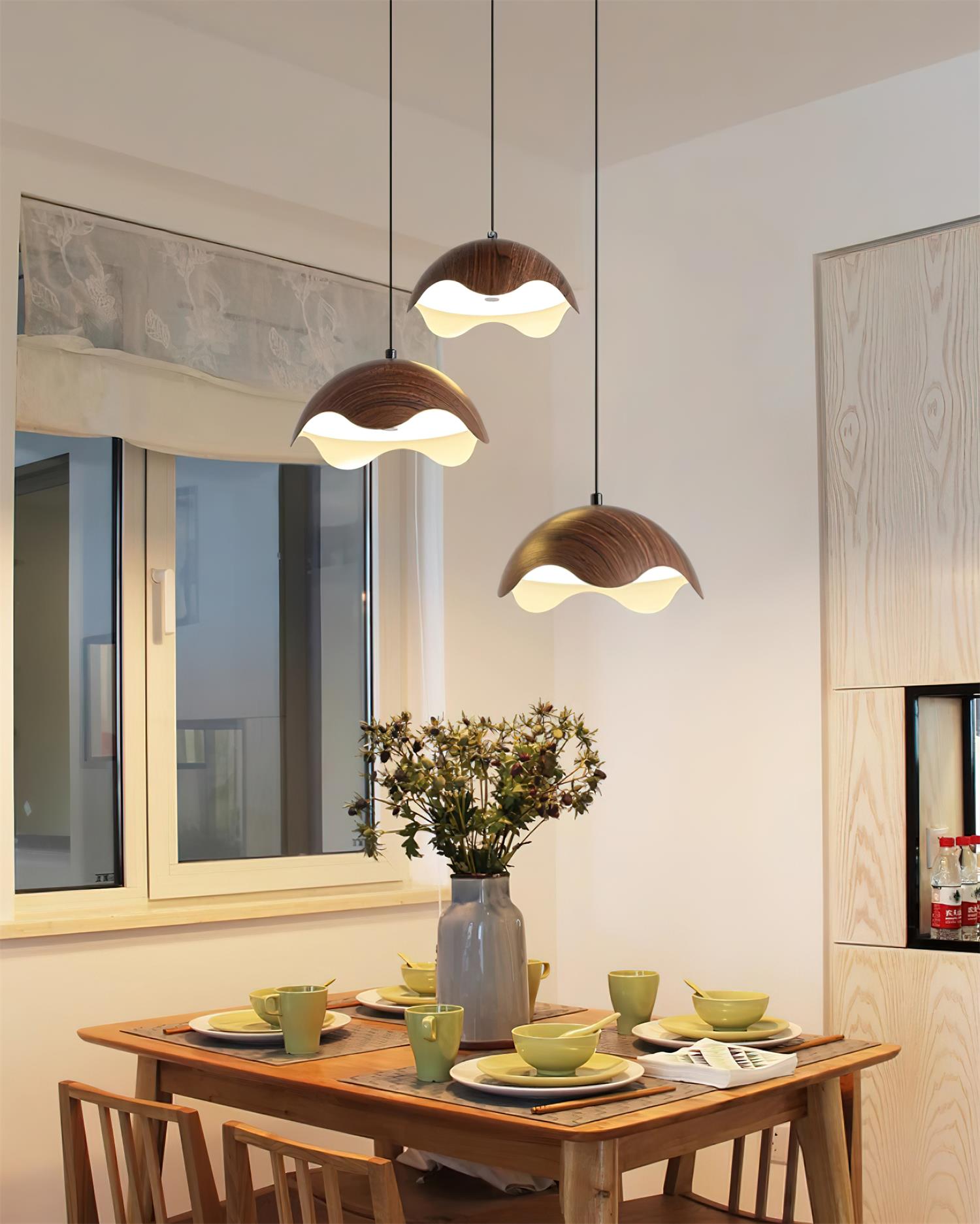 Suspension Abat-jour en Grain de Bois Vague Ambiance Minimaliste