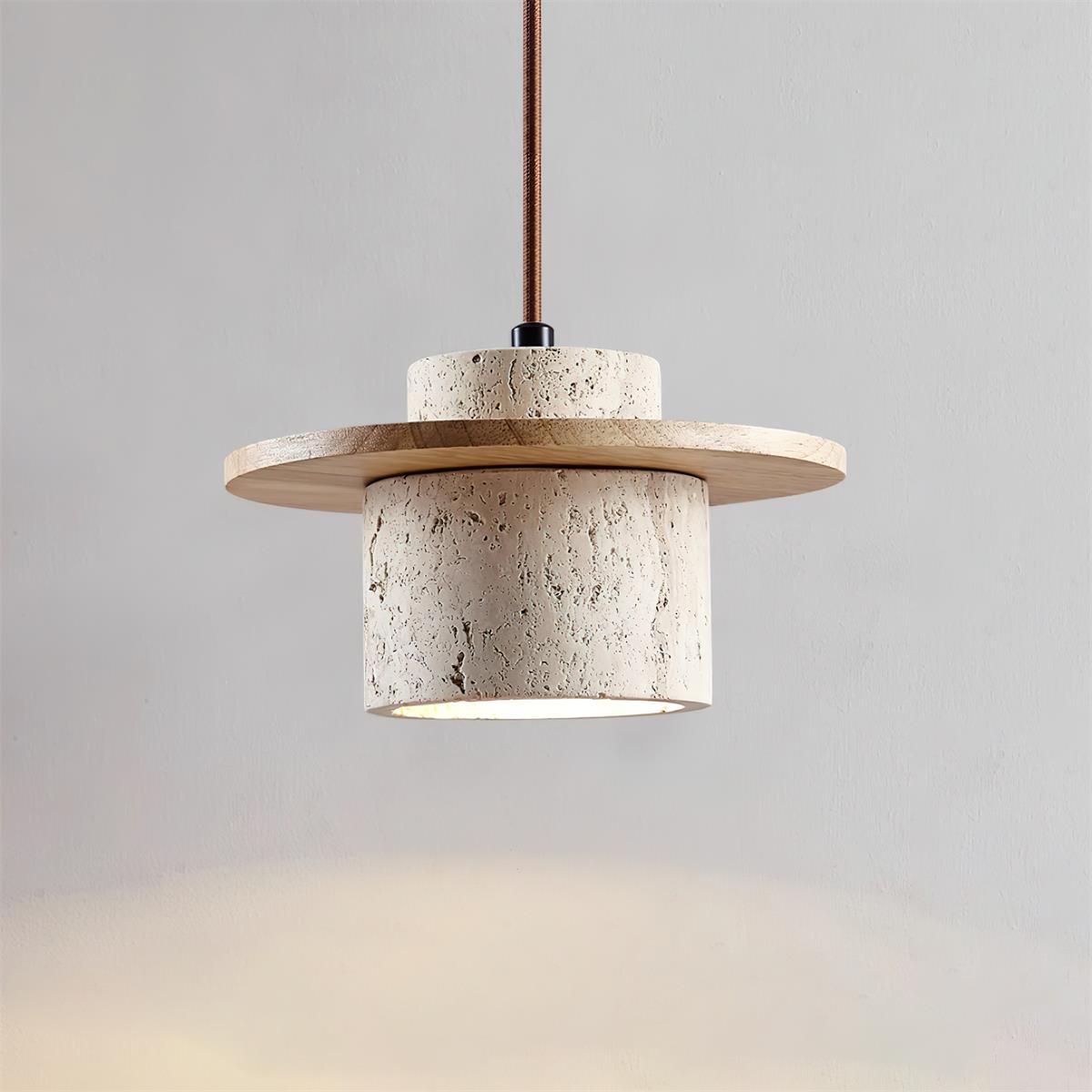 Disque Suspension Cylindre en Travertin en Bois de Noyer Artisanal
