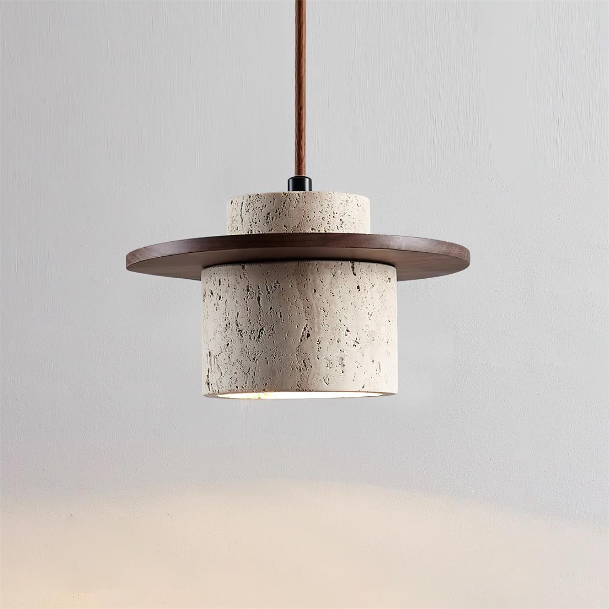 Disque Suspension Cylindre en Travertin en Bois de Noyer Artisanal
