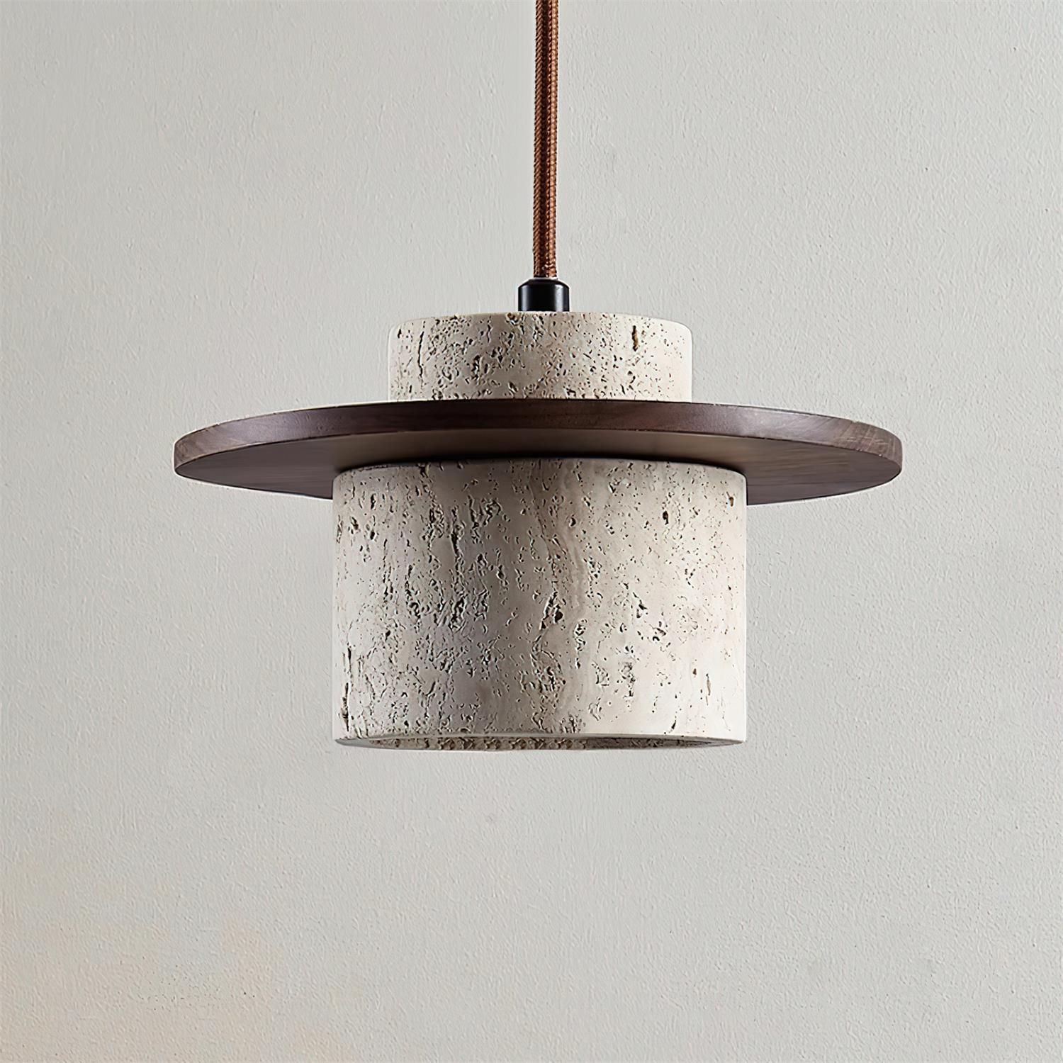 Disque Suspension Cylindre en Travertin en Bois de Noyer Artisanal