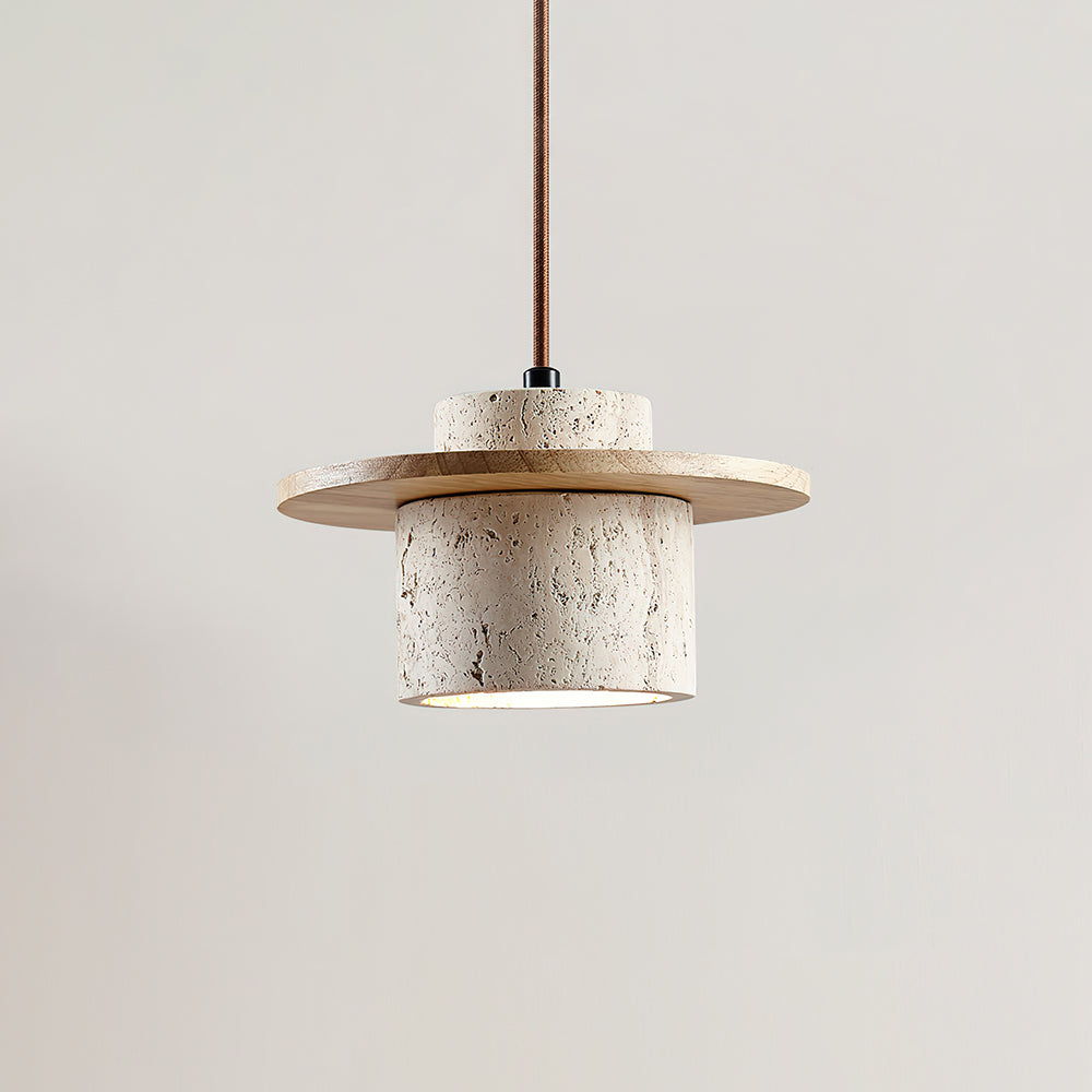 Disque Suspension Cylindre en Travertin en Bois de Noyer Artisanal
