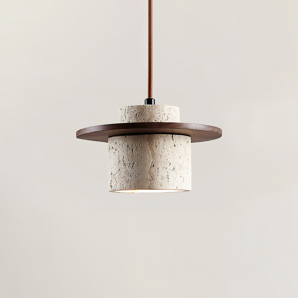 Disque Suspension Cylindre en Travertin en Bois de Noyer Artisanal