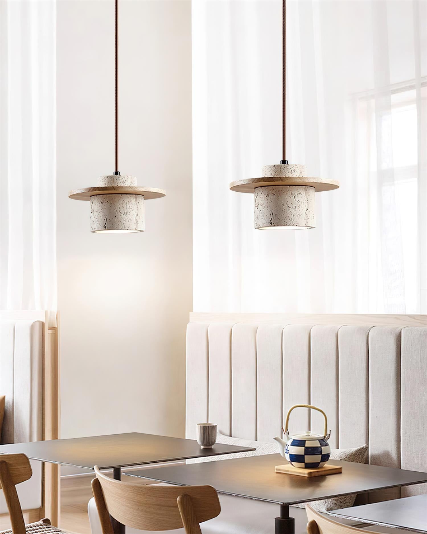 Disque Suspension Cylindre en Travertin en Bois de Noyer Artisanal