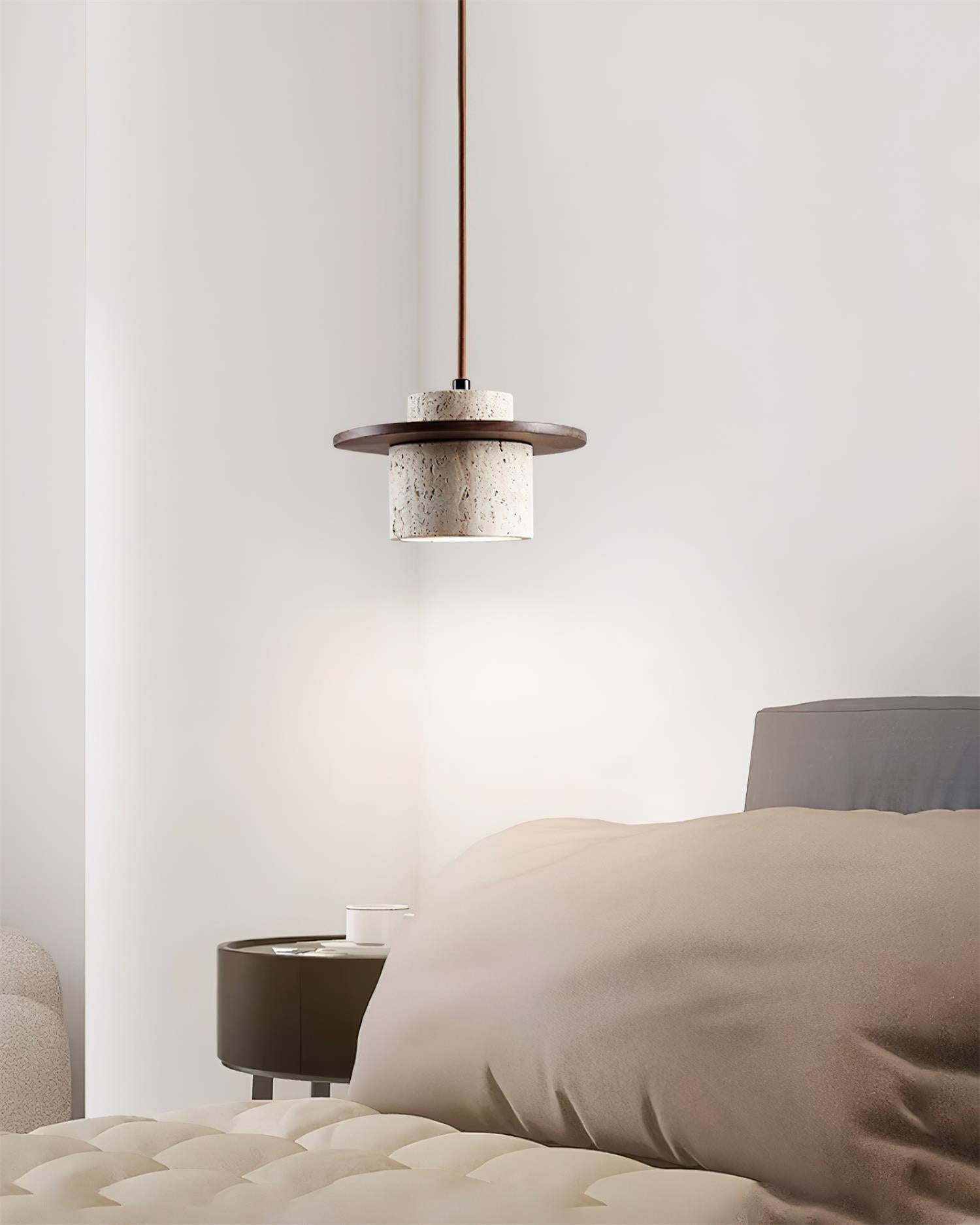 Disque Suspension Cylindre en Travertin en Bois de Noyer Artisanal