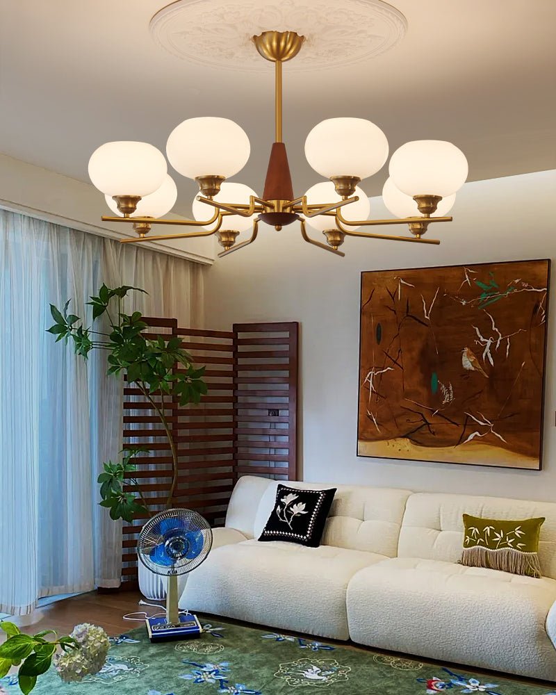 Lustra Lustre en Noyer avec Globes en Verre Opale