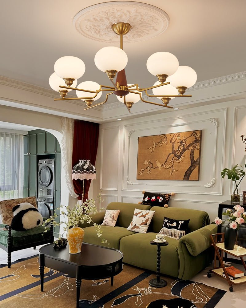 Lustra Lustre en Noyer avec Globes en Verre Opale