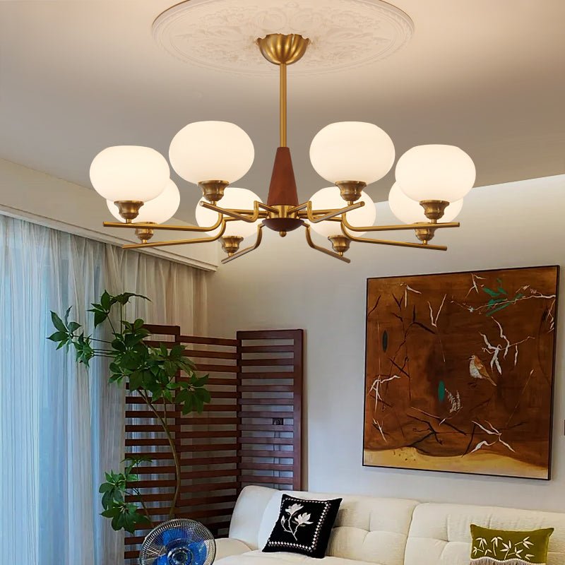 Lustra Lustre en Noyer avec Globes en Verre Opale