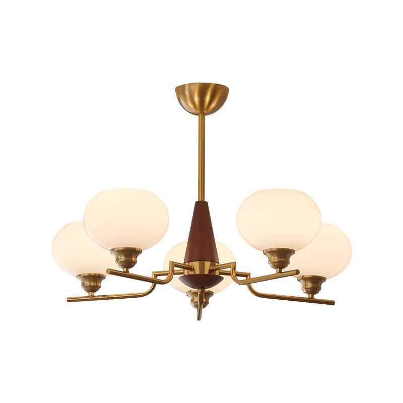 Lustra Lustre en Noyer avec Globes en Verre Opale