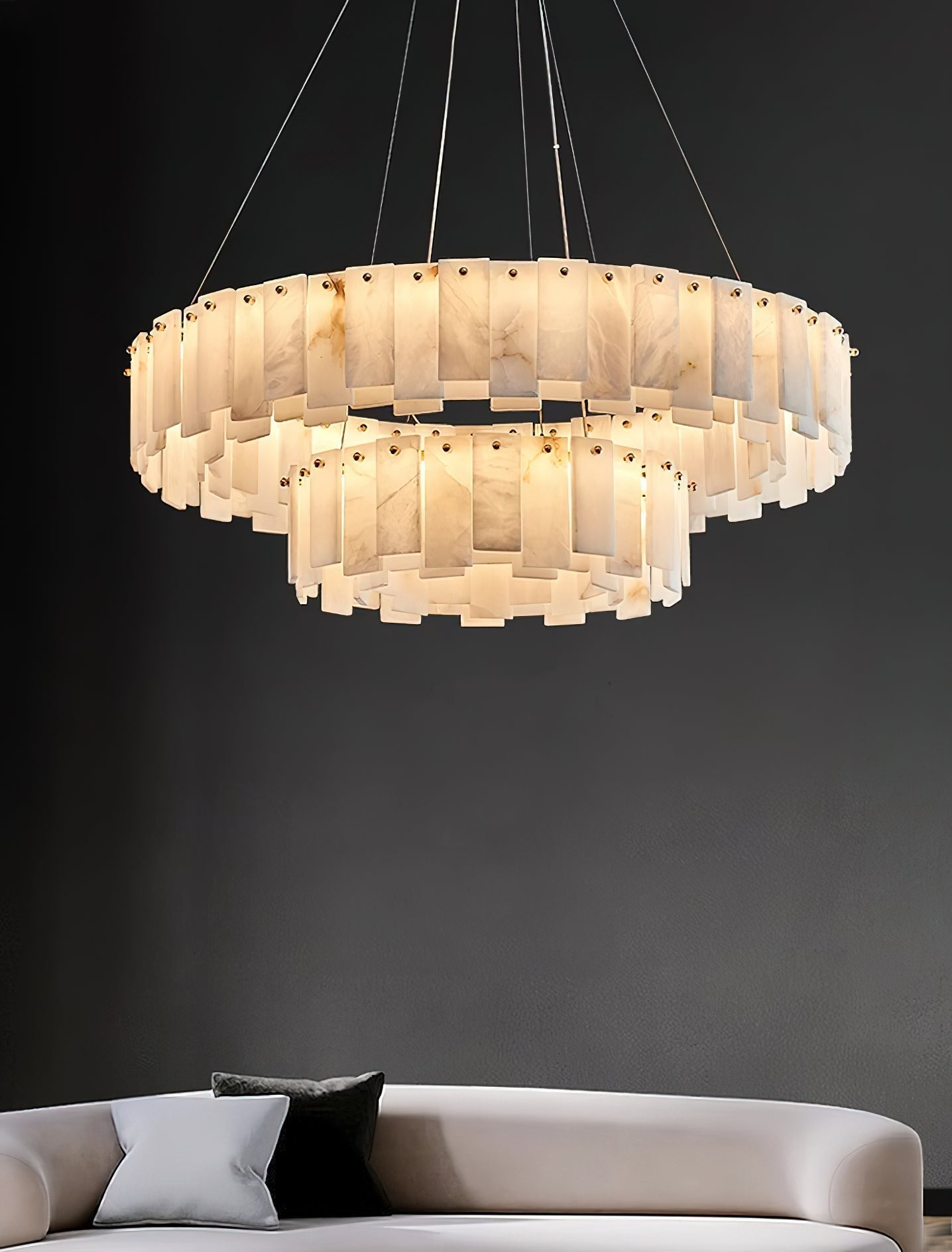 Aero Lustre Rond en Laiton et Albâtre de Luxe Postmoderne