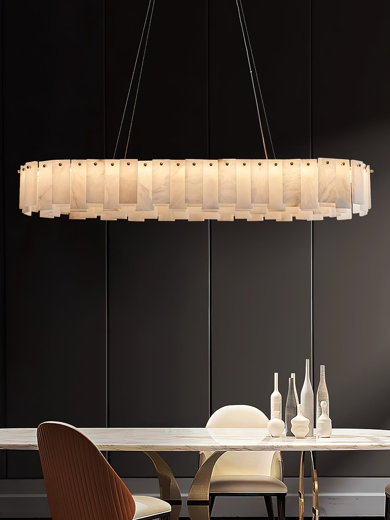 Aero Lustre Rond en Laiton et Albâtre de Luxe Postmoderne