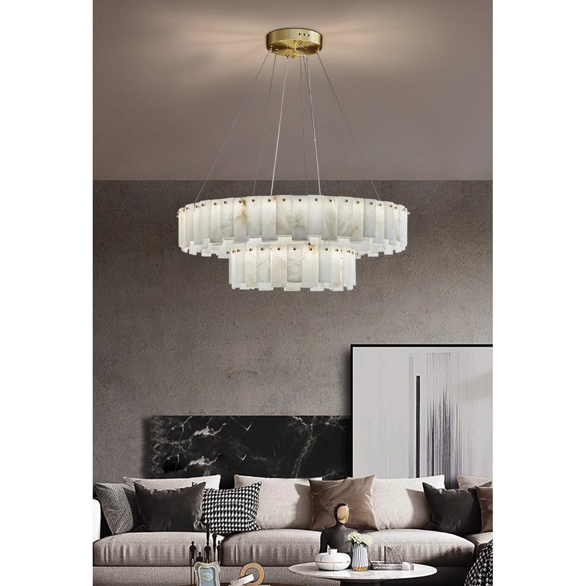 Aero Lustre Rond en Laiton et Albâtre de Luxe Postmoderne