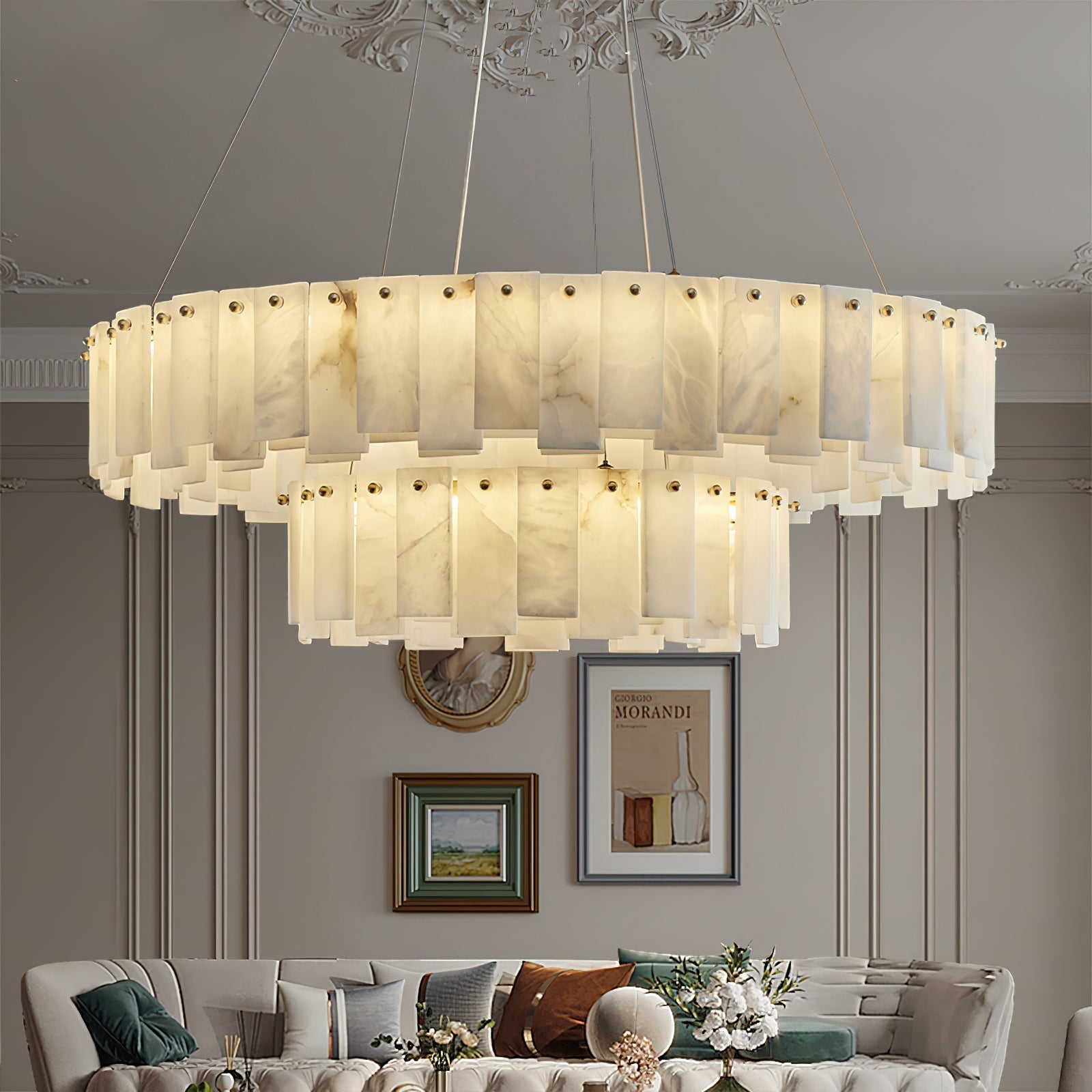 Aero Lustre Rond en Laiton et Albâtre de Luxe Postmoderne