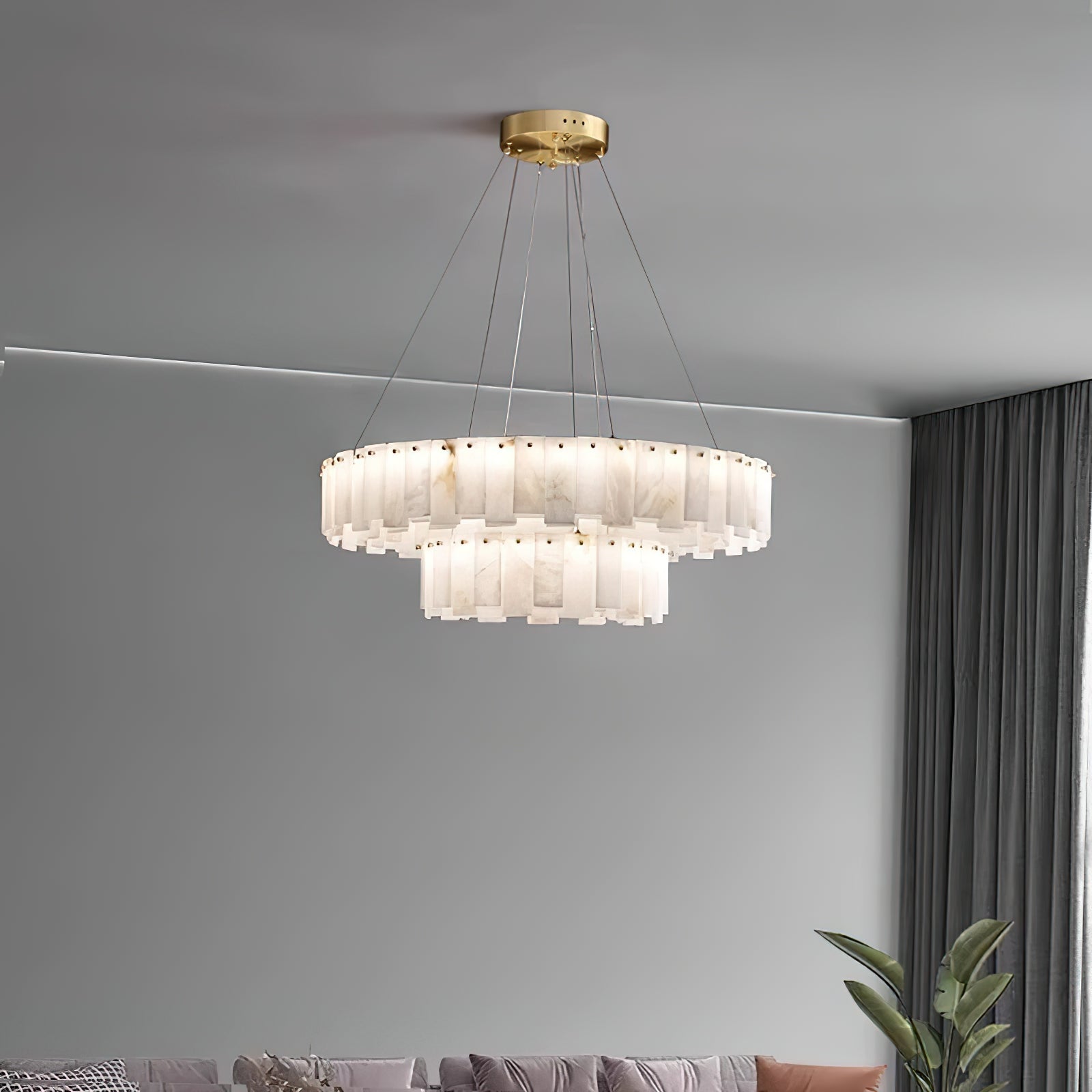 Aero Lustre Rond en Laiton et Albâtre de Luxe Postmoderne