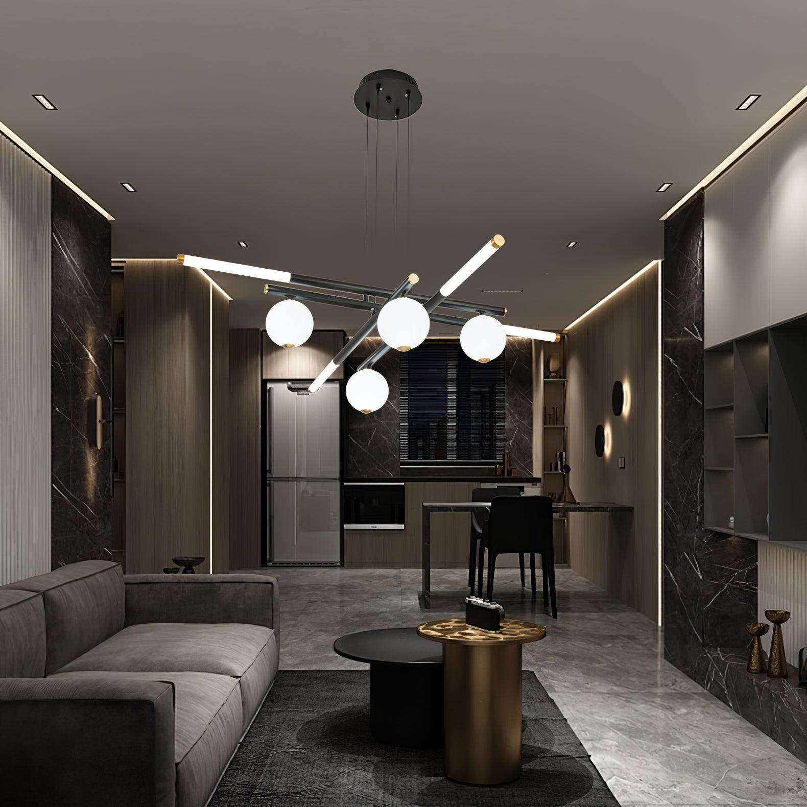 Lustre Rods et Globe Noir Blanc Moderne