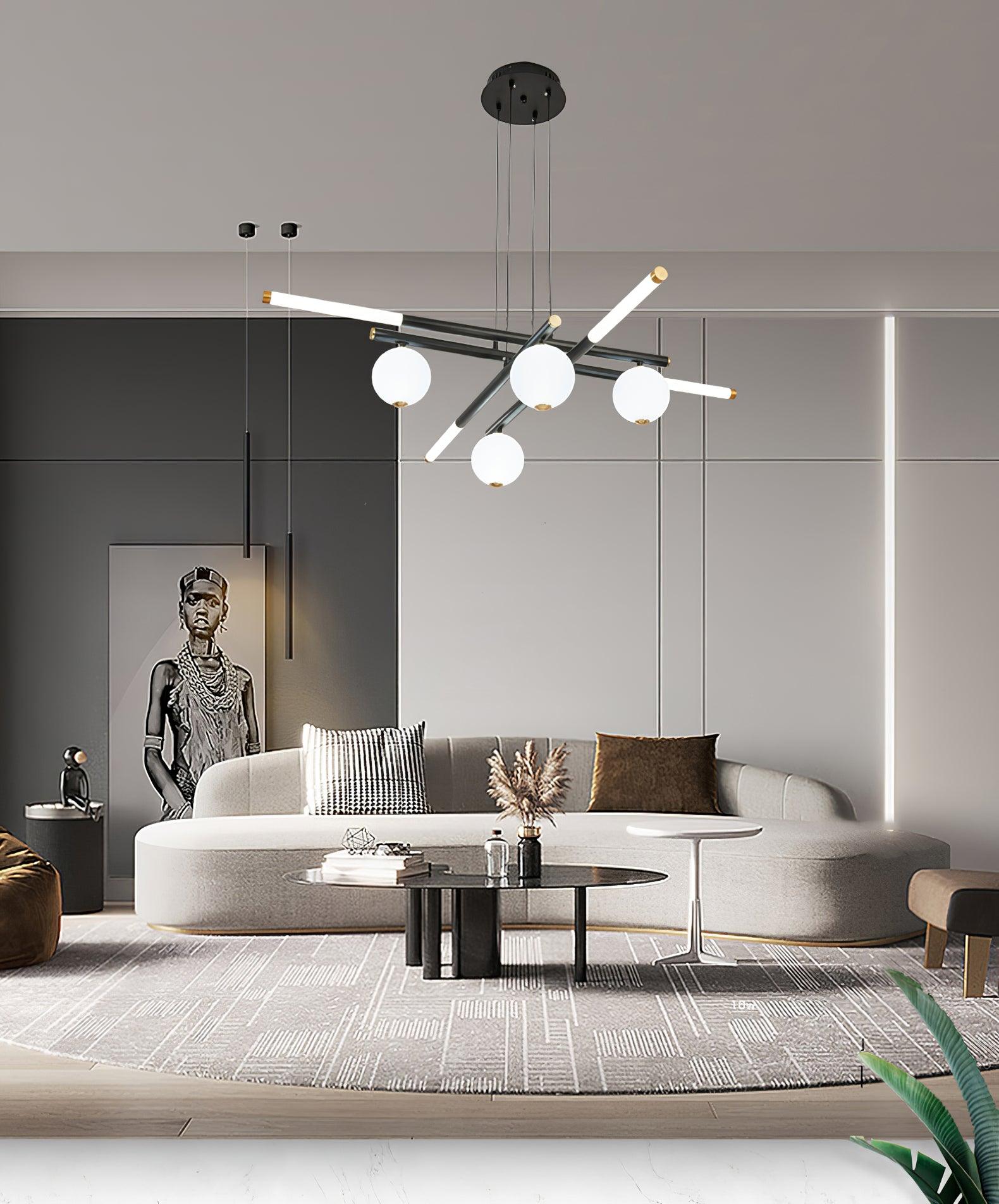 Lustre Rods et Globe Noir Blanc Moderne