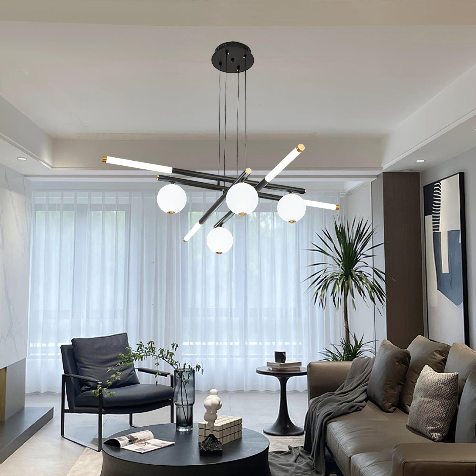 Lustre Rods et Globe Noir Blanc Moderne
