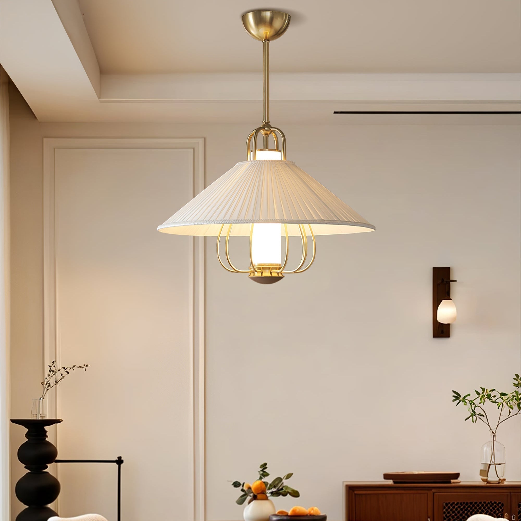 Lustra Suspension en Tissu Doré LED pour Salle à Manger
