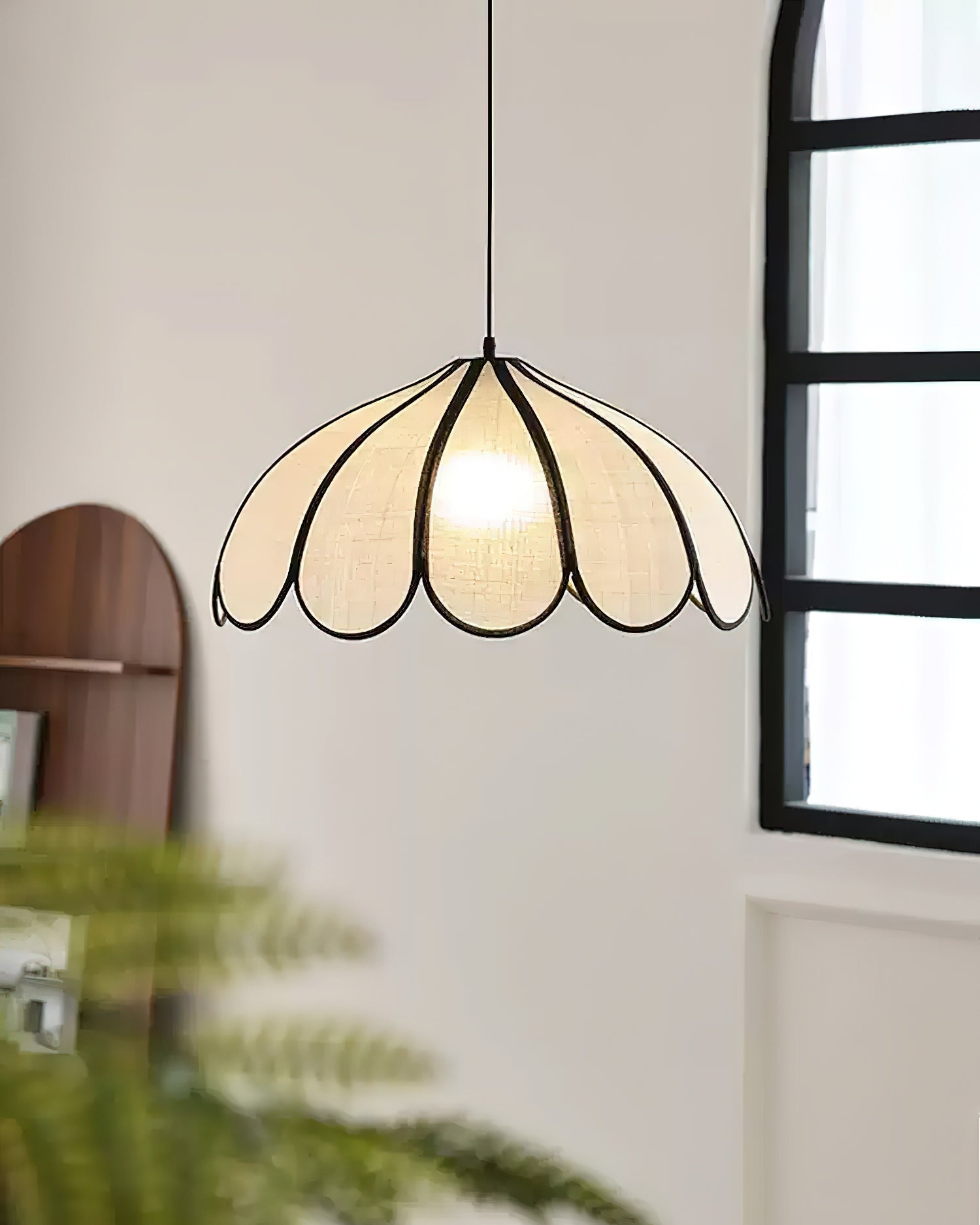 Pendant Lampe à Cadre Festonné en Fibre Végétale Minimaliste