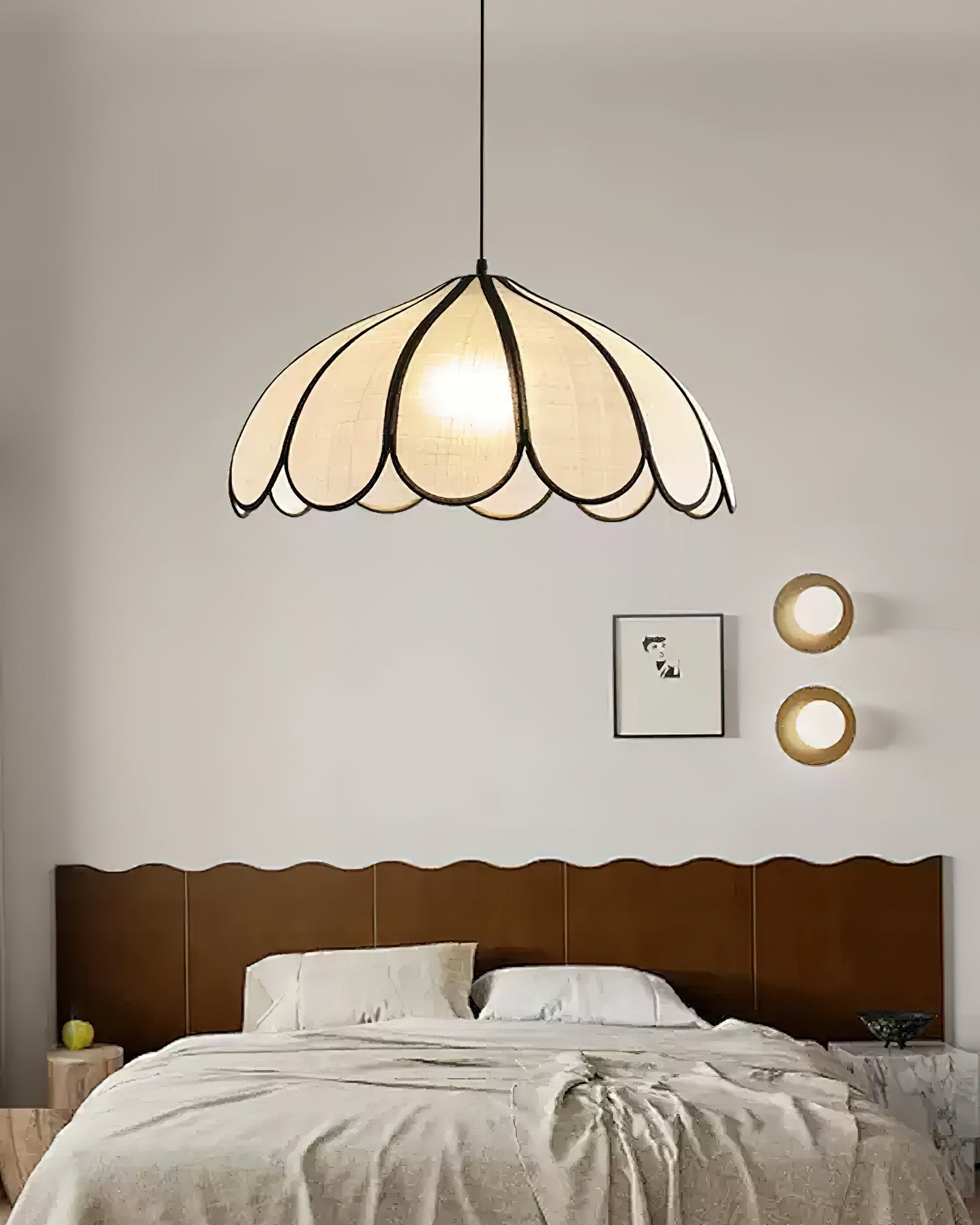 Pendant Lampe à Cadre Festonné en Fibre Végétale Minimaliste