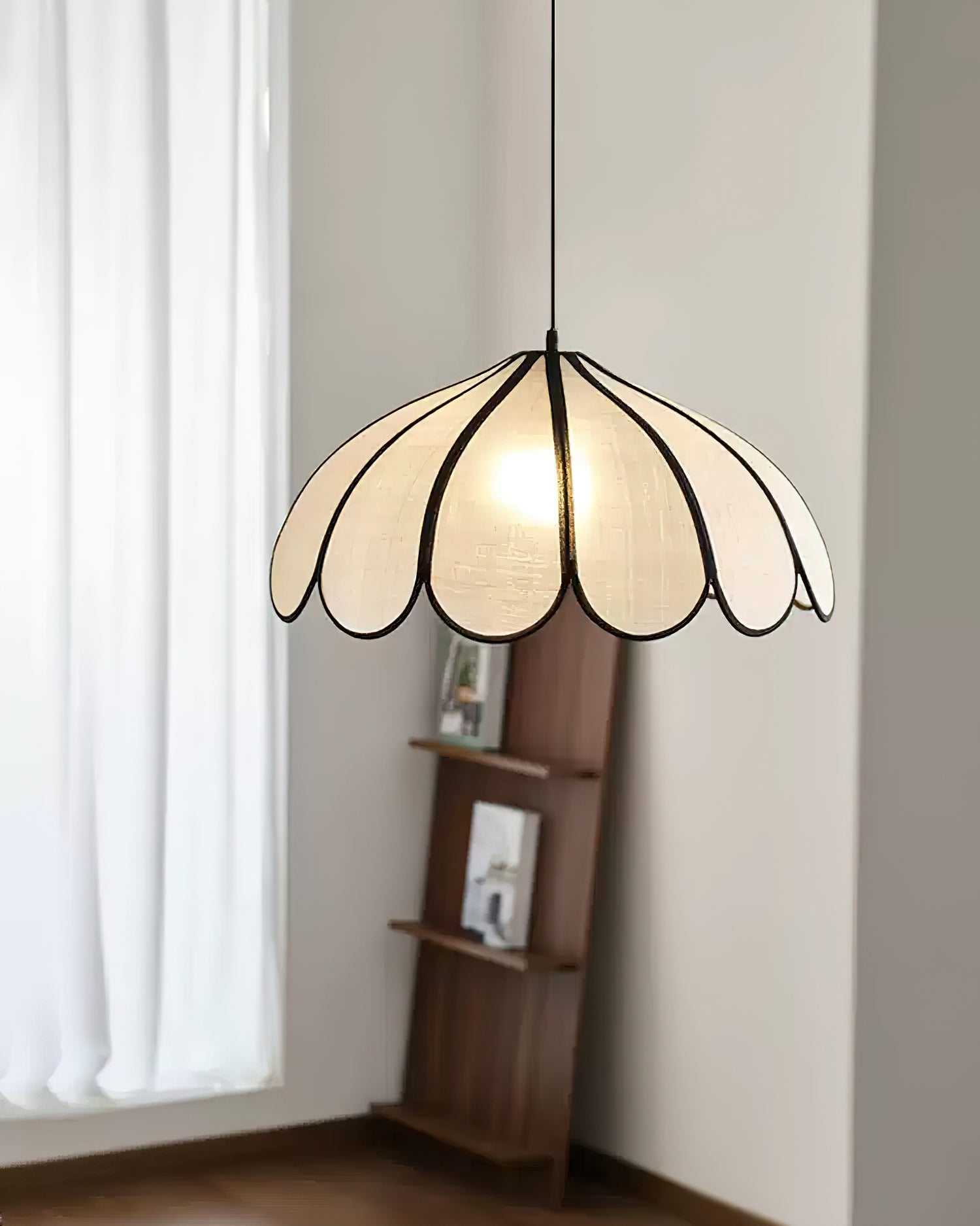 Pendant Lampe à Cadre Festonné en Fibre Végétale Minimaliste
