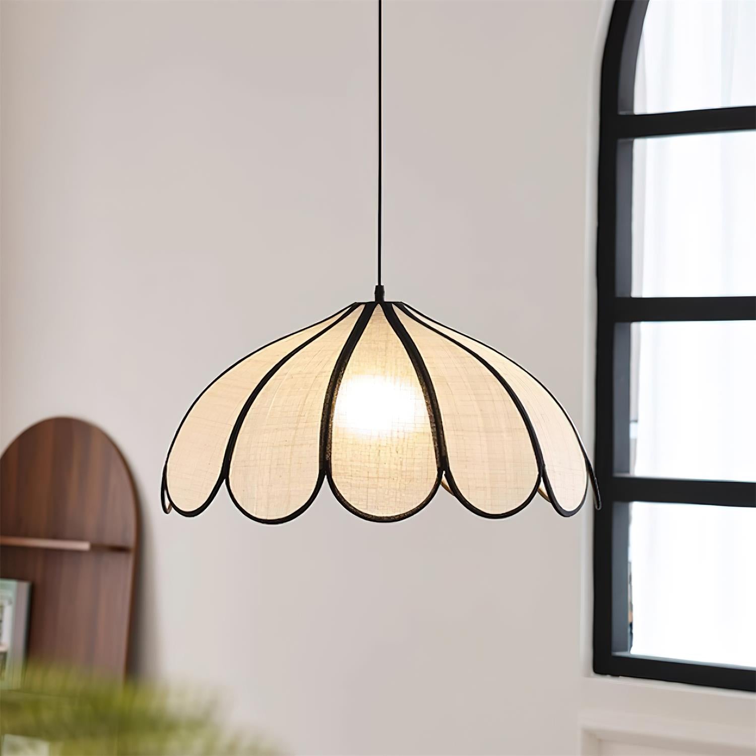 Pendant Lampe à Cadre Festonné en Fibre Végétale Minimaliste
