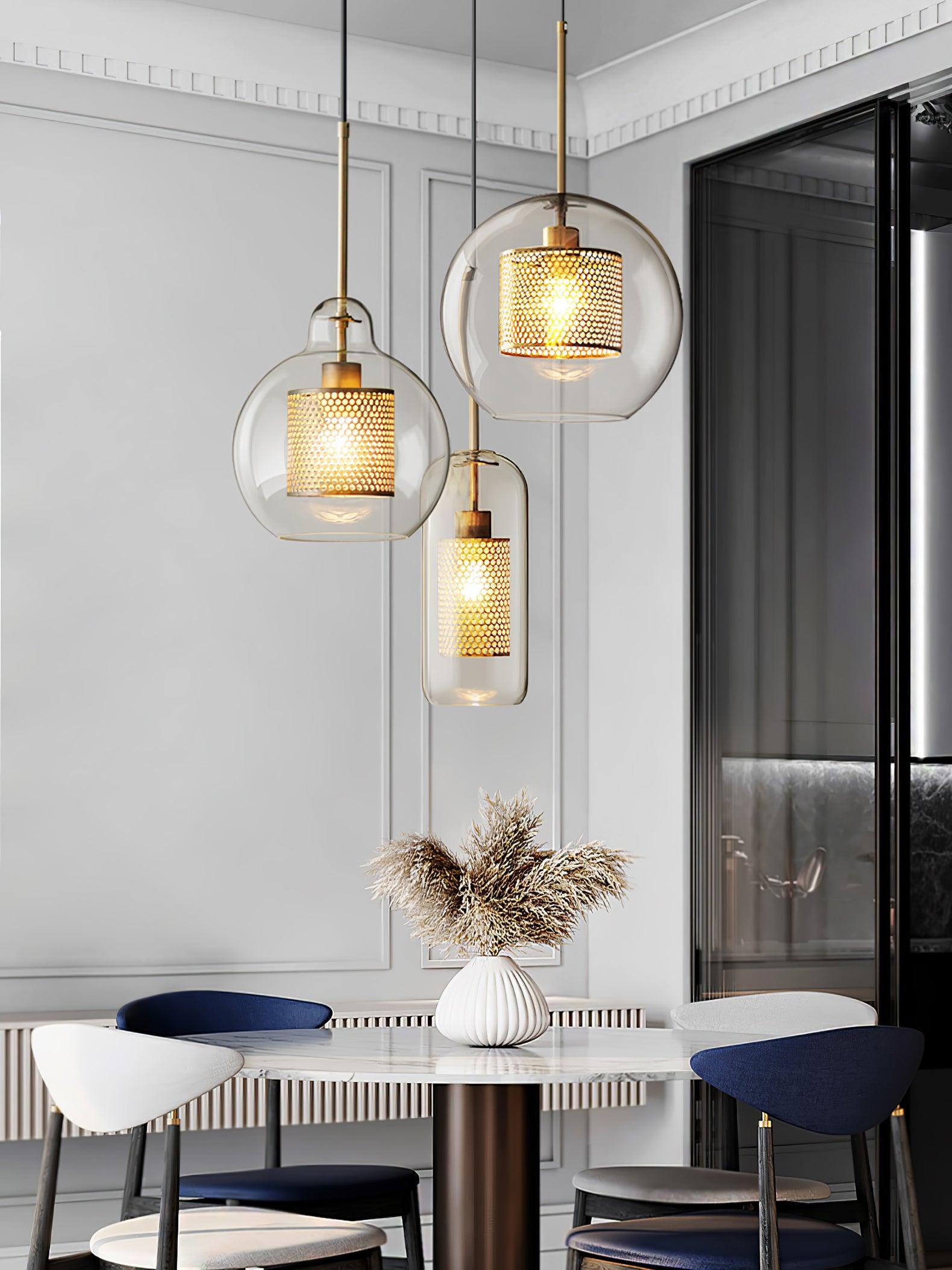 Lustra Lustre Suspendu En Verre Maillage Doré Pour Salle À Manger