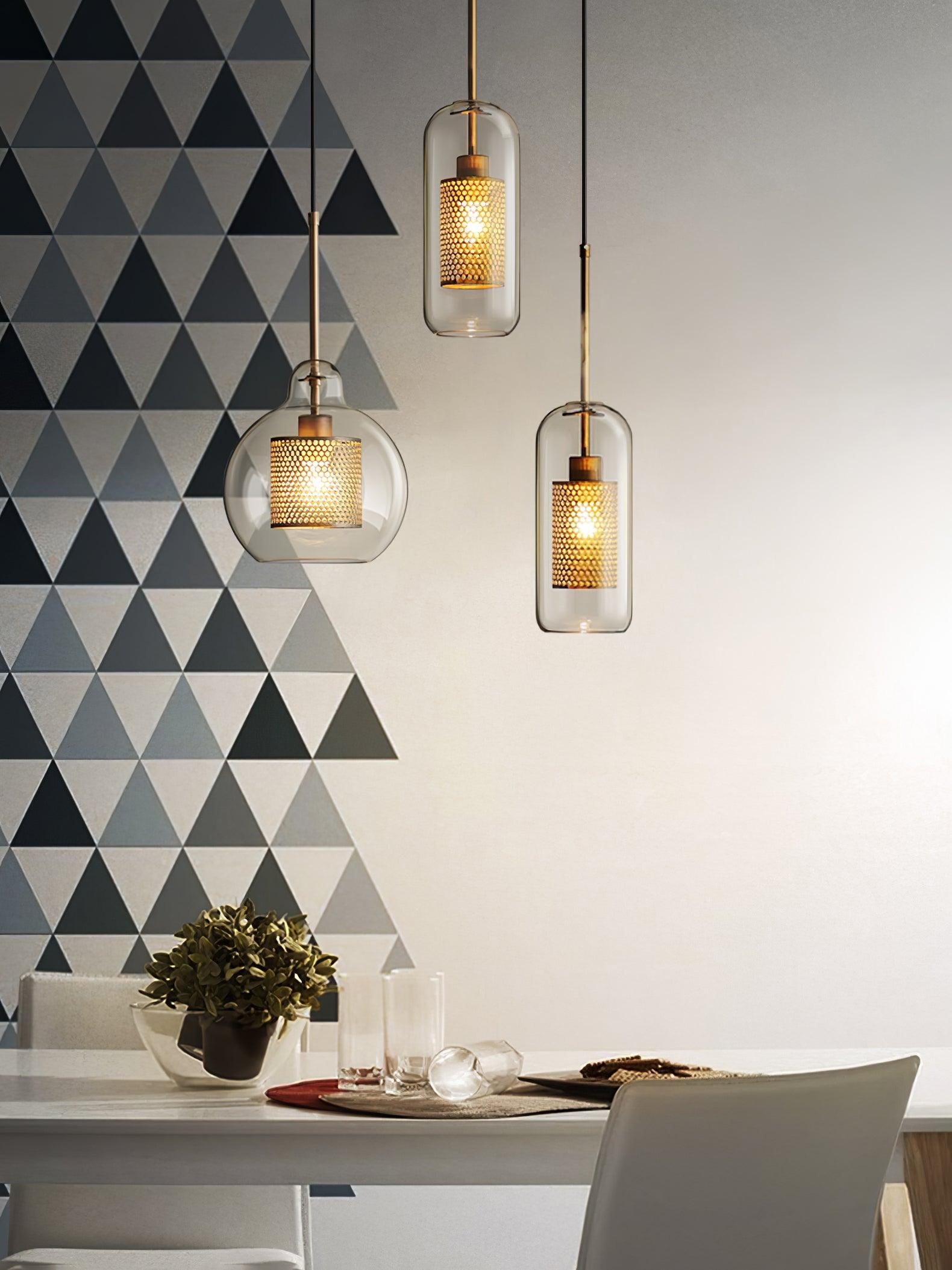 Lustra Lustre Suspendu En Verre Maillage Doré Pour Salle À Manger